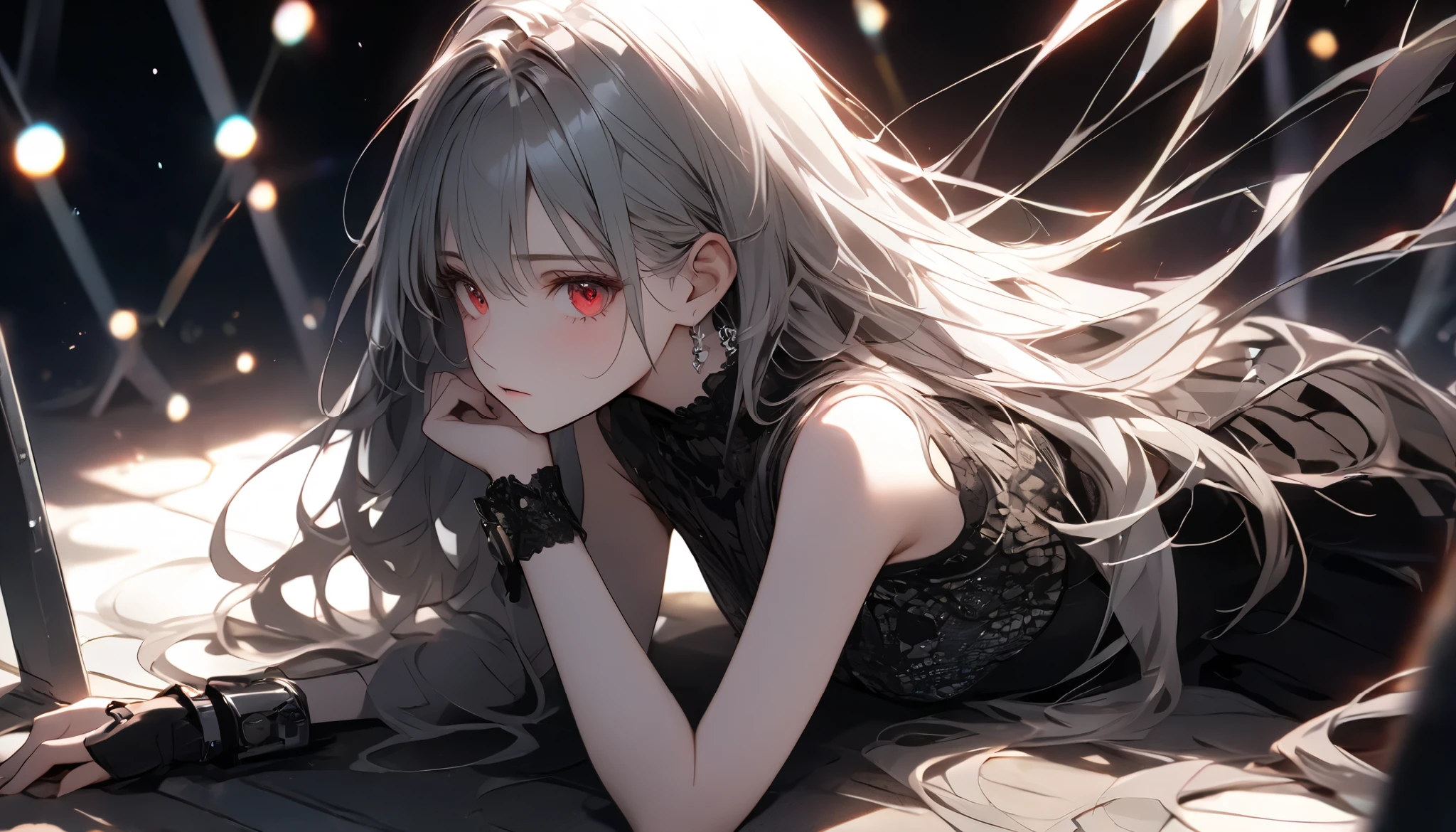 A young woman in a miniskirt, full body stands alone, holding the cold air with a pensive expression, feeling both anxiety and strength. An atmosphere of quiet reflection and hope hangs over her. There is a look of determination on her face. The soft and delicate shading lends a sense of inner strength amid uncertainty. A night scene. The scene conveys a sense of inner conflict and introspection, highlighting doubts and anxieties. Highly detailedElegant and detailed, adding a dramatic and symbolic element to the scene, deep borders, bokeh, smooth textures, ultra detailed, high resolution, ultra detailed, (best quality, 16K, high resolution, masterpiece), subtle colors, vibrant colors, professional lighting, beautiful details with little projection, long hair, silver haired woman, pale skin, red eyes, futuristic, miniskirt, full body
