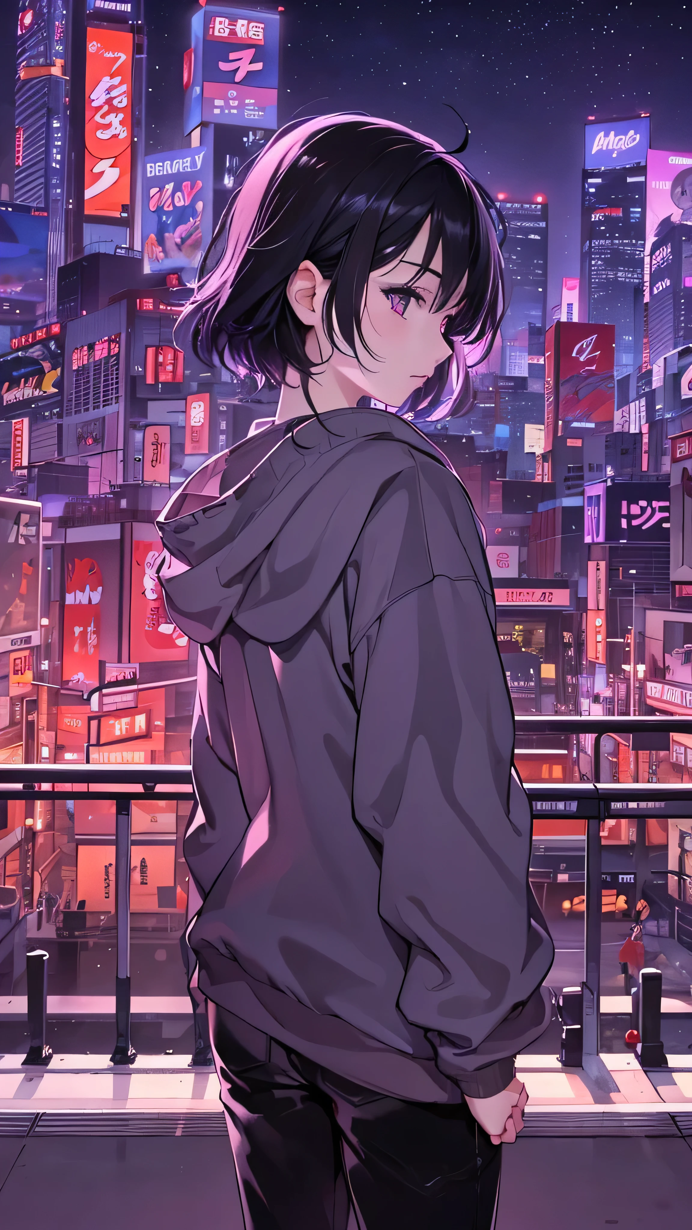 Anime girl in a hoodie standing on a rooftop overlooking a city - SeaArt AI