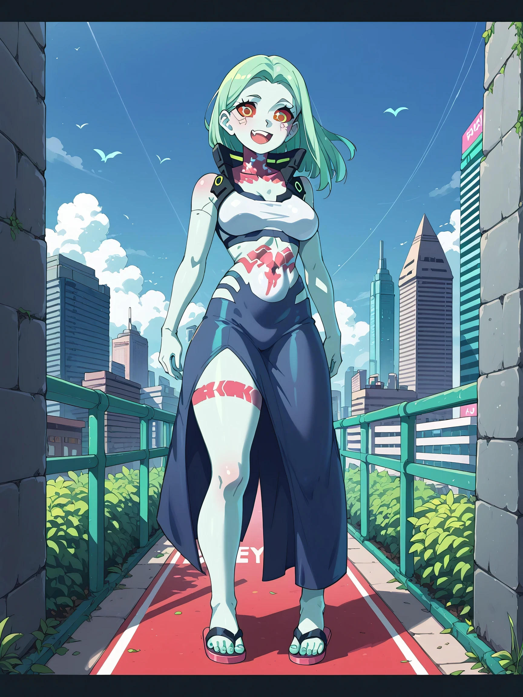 masterpiece, best quality, highres, NSFW, 1girl, rebecca \(cyberpunk\), solo, {eye focus, cute eyes, red sclera, short eyelashes, colored skin, canine teeth, white skin, leg tattoo, neck tattoo, green hair, pixie cut hair, fang, skin fang, busty chest, tall girl}, {standing, meadow, outskirts of city}, {flipflops, standing, sports bra, panties, skin tight dress, full body, smile}