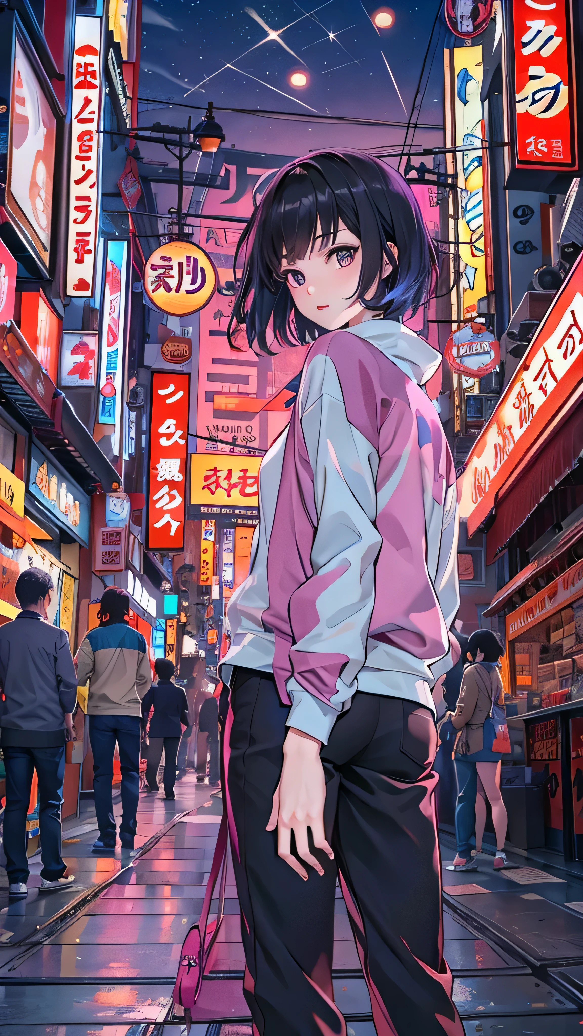 best quality, 4K wallpaper, masterpiece, extremely detailed CG unity 8k wallpaper, extremely detailed eyes, ultra-detailed, intricate details, 1girl, retro art style, neon_pop art style,  public, outdoors, road sign, city,