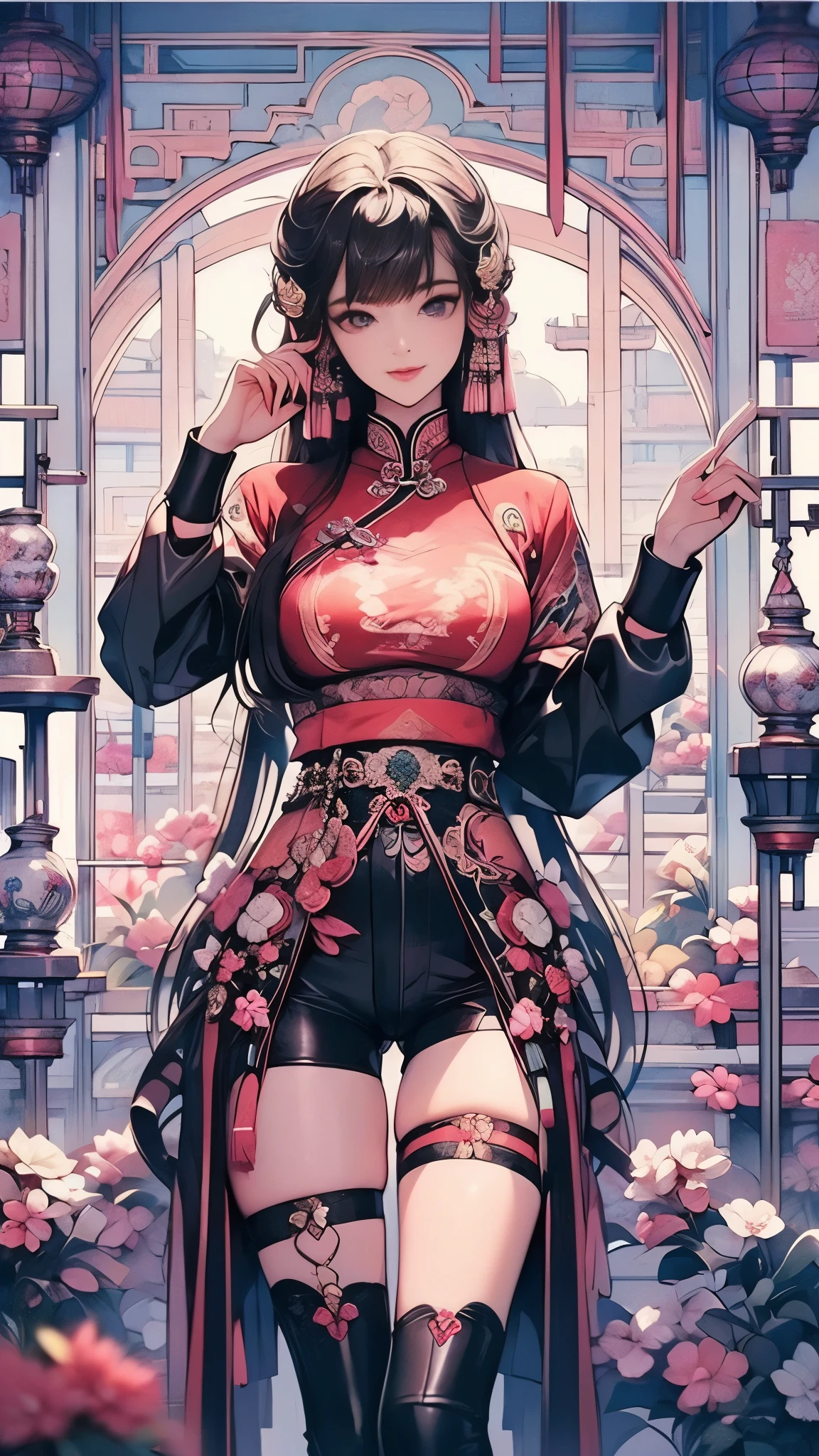 (RAW photo, best quality, masterpiece: 1.2), (Practical, photo-practical: 1.4), (Masterpiece: 1.4), (Best quality: 1.4), ((Cyberpunk girl)) Chinese clothing, (( Dynamic pose)), (((Temple background))), Hair intake, ((Long hair invisible)), Looking at viewer, Smiling, (((Thigh gap))), Thighs, Very long hair, Colorful Hair, Alice\(nods\), (radiant skin), practical.