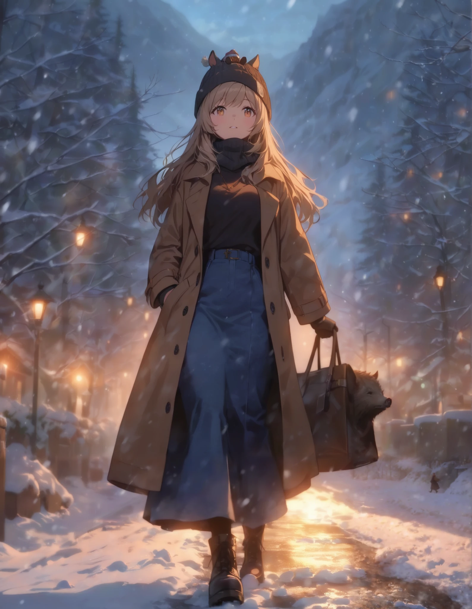 ((masterpiece, best quality, extremely detailed, absurdres)),(beautiful landscape,fantasic illustration,cinematic lighting),snowy town,night,selenity,street light,snow-covered trees,1girl,walking,looking up the sky,solo,light brown hair,long hair,amber eyes,wild boar ears on head,beanie cap on head,white far muffler,trench coat,black knit inner wear,long skirt,boots,