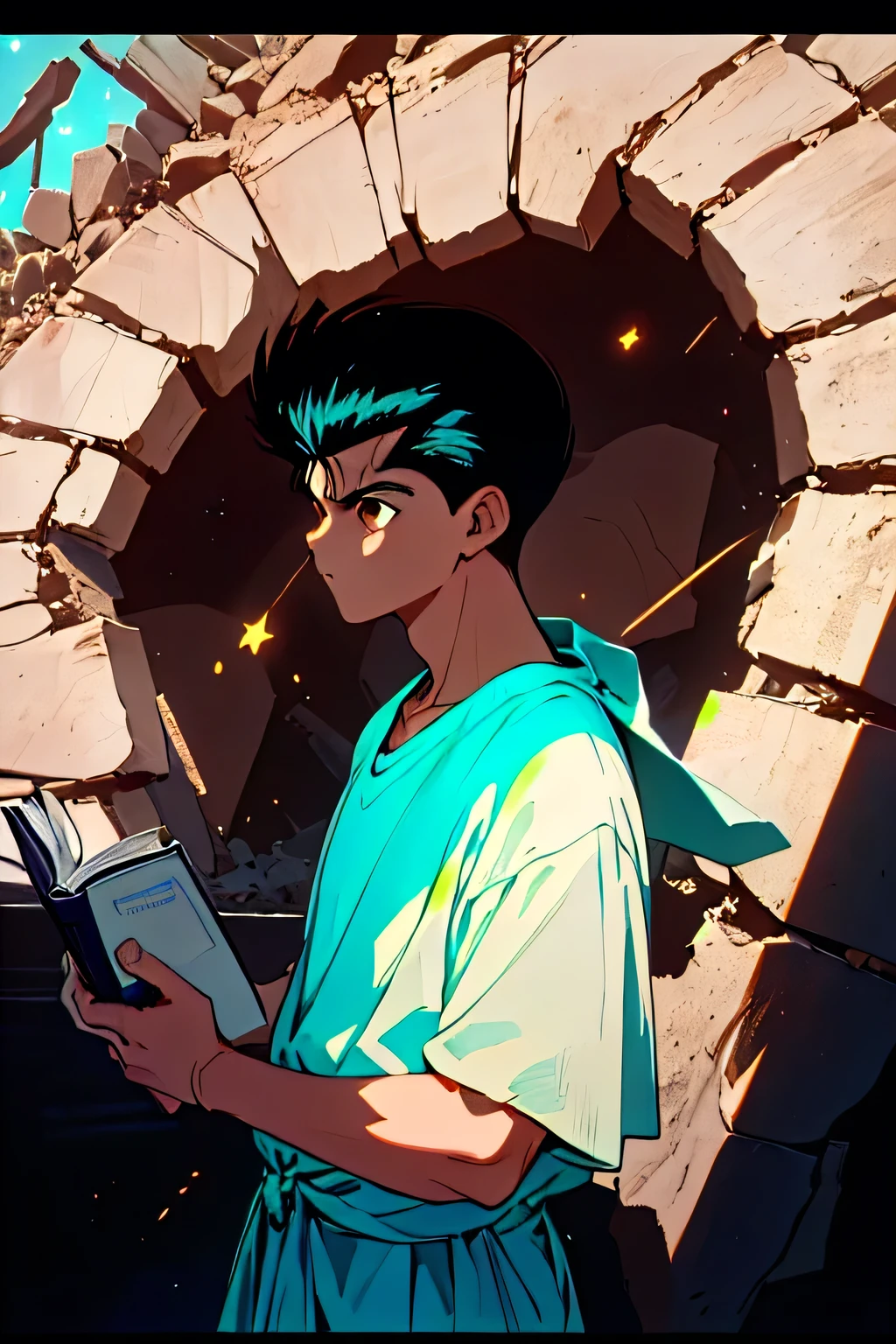 masterpiece, borrowed letter , incredible quality, better aesthetics, absurdities, intricate details, Look at the book , yusuke urameshi, black hair, brown eyes, (1boy ), Upper body , (( enormous and vast abandoned destruction , stone destruction , stone walls, stone floors, stone roof window )), ( wearing white clothes without print , His t-shirt in the color white , he is holding a book , wrapped in his body there is an aura in the color neon blue blue, the book emits a strong neon blue light , he wears sandals on his feet , ( masterpiece), retrato em close de um man, (man), 20 years, (1 boy), alone, Serious, partial side view , man muito bonito, (( brown eyes bem grandes), wearing simple clothes , Looking to infinity, starry sky background , cinematographic lighting , reading the scriptures illuminated by a light , the background is dark with glowing spheres .