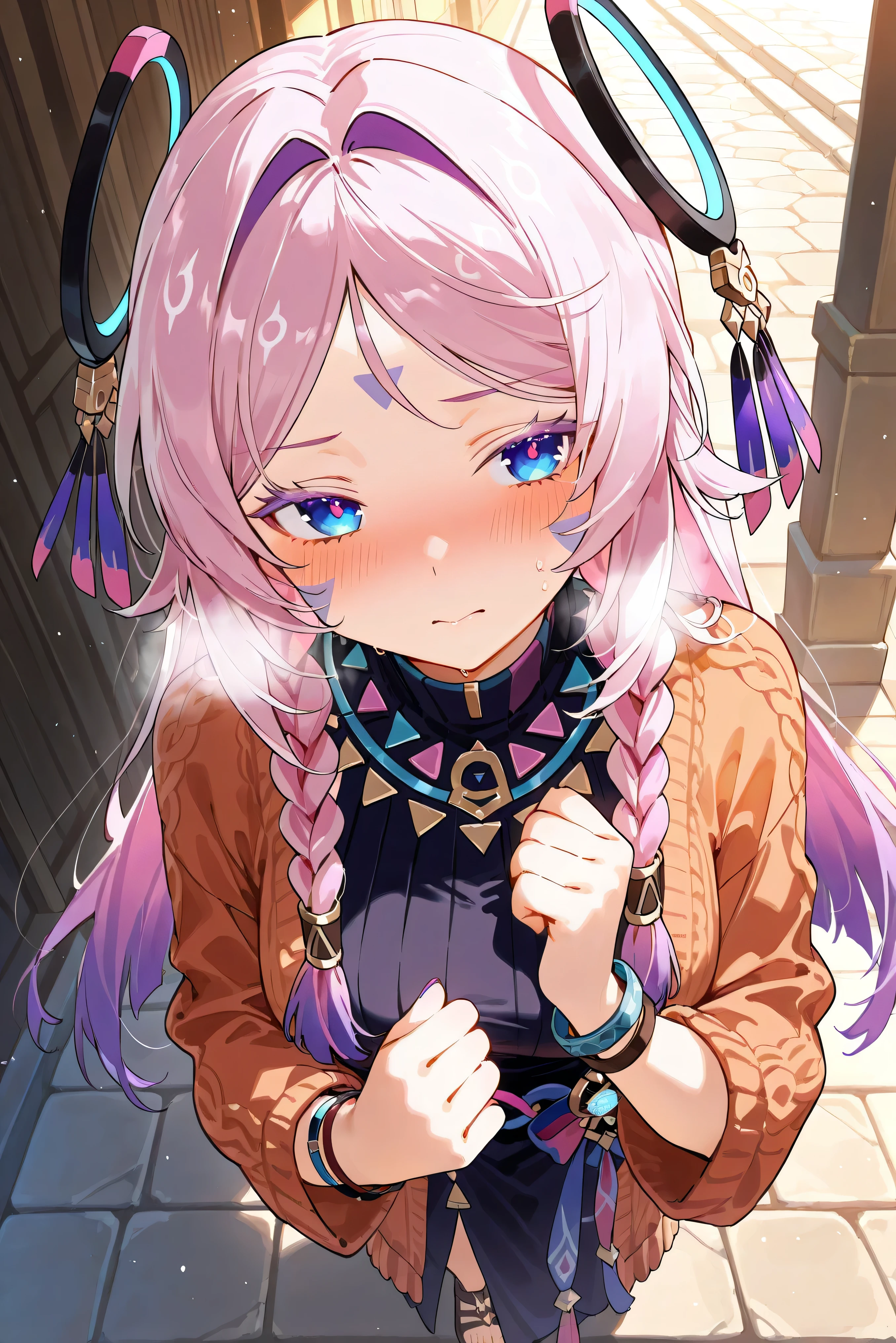 score_9, score_8_up, score_7_up, masterpiece, best quality, very aesthetic, absurdres, tunning image, light particles, attractive image, 1girl, adult grown woman, citlali \(genshin impact\), pink hair, purple hair, multicolored hair, twin braids, hair intakes, blue eyes, forehead mark, lavender eyelashes, pink pupils, headgear, long hair, colored eyelashes, blush, heavy breathing, masterpiece,best quality,amazing quality, nails, 5 fingers, alternate costume, An anime character in a boho chic traveler outfit, wearing a flowing maxi dress with intricate ethnic patterns in warm earthy tones, a cozy knitted cardigan, and stylish leather sandals. They accessorize with beaded necklaces, woven bracelets, they stand on a cobblestone street in a charming, sunlit village surrounded by blooming flowers and rustic buildings