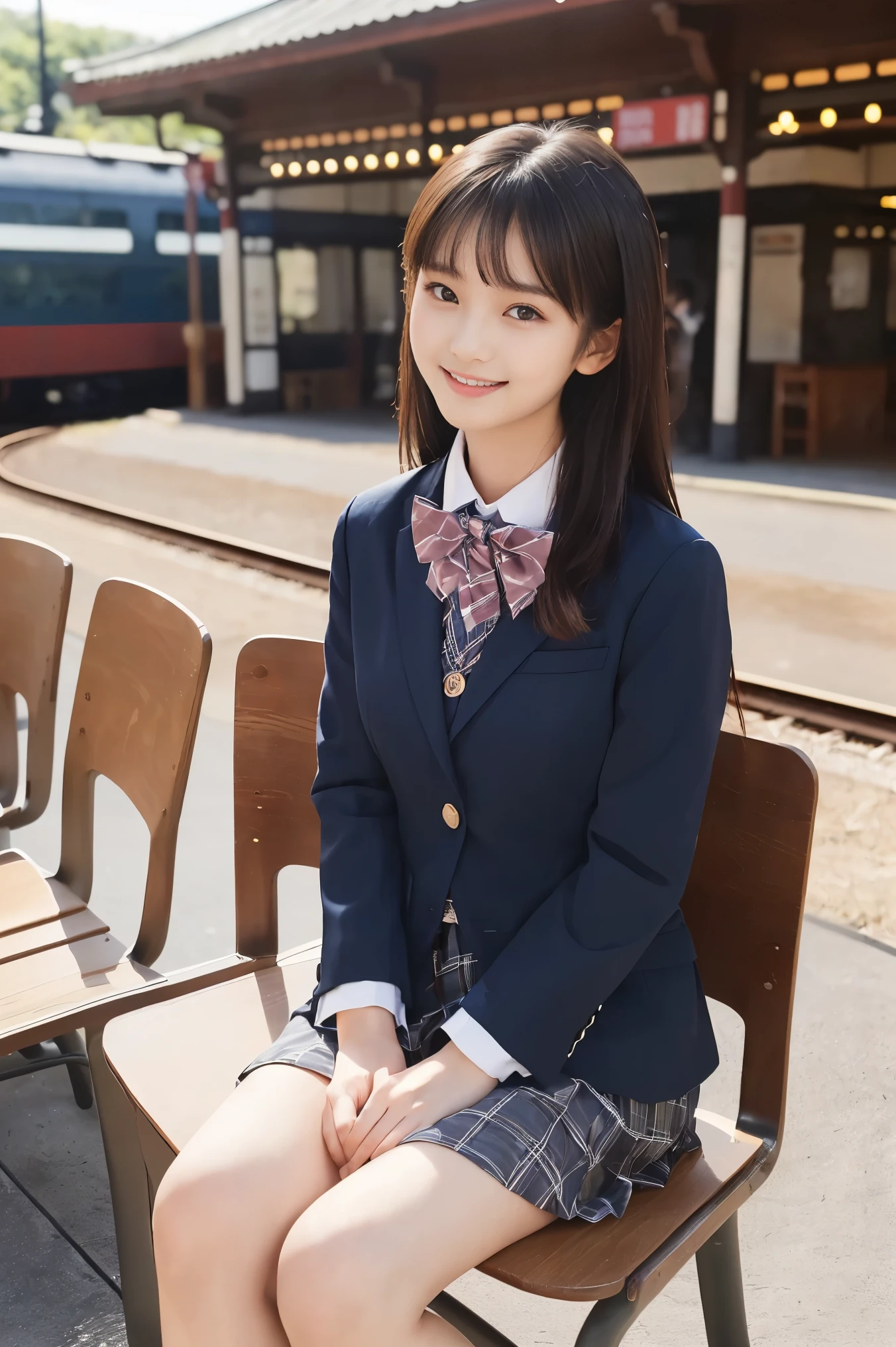 ( Top Quality, Masterpiece:1.2), Top Quality, exist, photos, high resolution, 1080P, 8k, physical rendering , ((: 158cm)), Japanese Girl、(((((( A beautiful -yeld faon model from a Japanese fashion magazine is watching straight to the audience)))))), ((( x} beautiful dark brown eyes with big, detailed ))), ((((smile at me!)))), Thin fingers , (((short, curled bangs))), (((( very noble and beautiful eyes , carefully drawn with butterfly wings )))), (( double eyelids)), (((long eyelashes))), (( cute smiling cheeks )), (( pure white light hits my nose and cheeks . 目とwhite顔が美しく輝き、white .)), ((((( Her facial features are very expressive and has a nice smile , so sweet, Very smart ))))), (((( Impressive solid color dark blue large student bow tie solid color )))), ((((black, So beautiful、 very long hair )))), ( blue and navy tartan check formal long pleated skirt ), ((( slightly larger dark blue solid blazer 、Goldcrest付き 、Goldcrest ))), (( looking like an elegant lady )), (( I'm sitting on a platform chair at a country train station )), (( full body shot ))