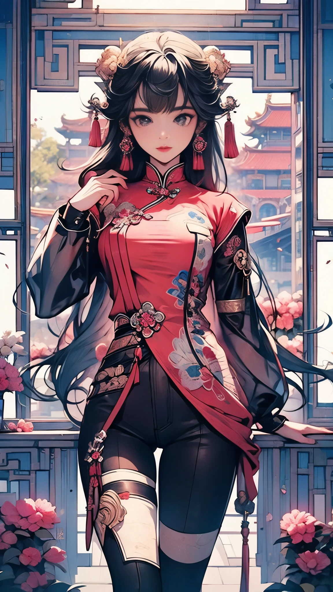 (RAW photo, best quality, masterpiece: 1.2), (Practical, photo-practical: 1.4), (Masterpiece: 1.4), (Best quality: 1.4), ((Cyberpunk girl)) Chinese clothing, (( Dynamic pose)), (((Temple background))), Hair intake, ((Long hair invisible)), Looking at viewer, Smiling, (((Thigh gap))), Thighs, Very long hair, Colorful Hair, Alice\(nods\), (radiant skin), practical.