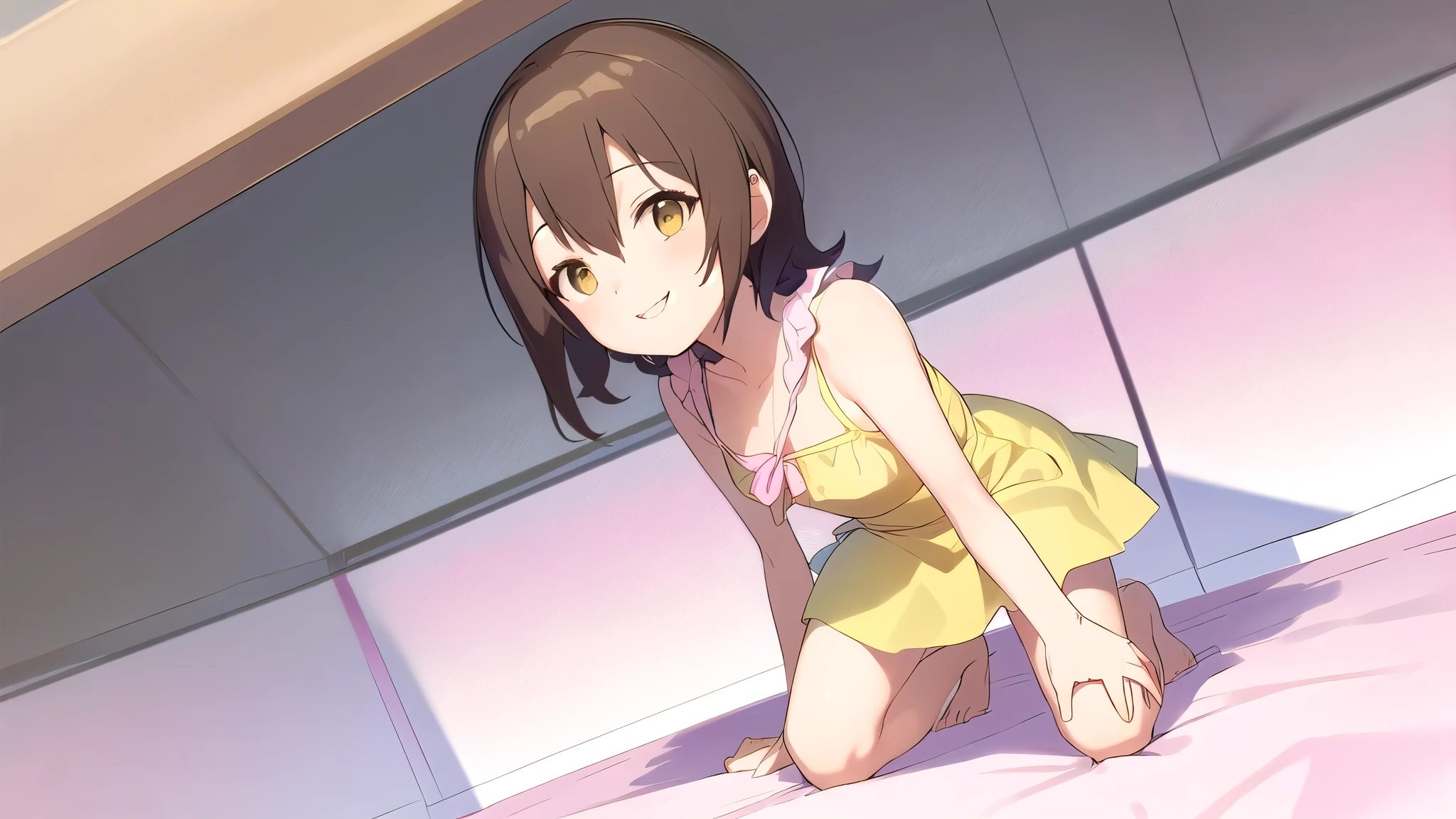 top quality, Masterpiece, high resolution, Details, perfect anatomy, hikaridigi, Yellow Dress , pink skirt , happy, girl、 full body view、Raise one knee 、 disheveled clothes、perfect body、 low angle、 underwear can be seen through the gap between crotches、 angle from below、Full body drawing、 full body view、sit