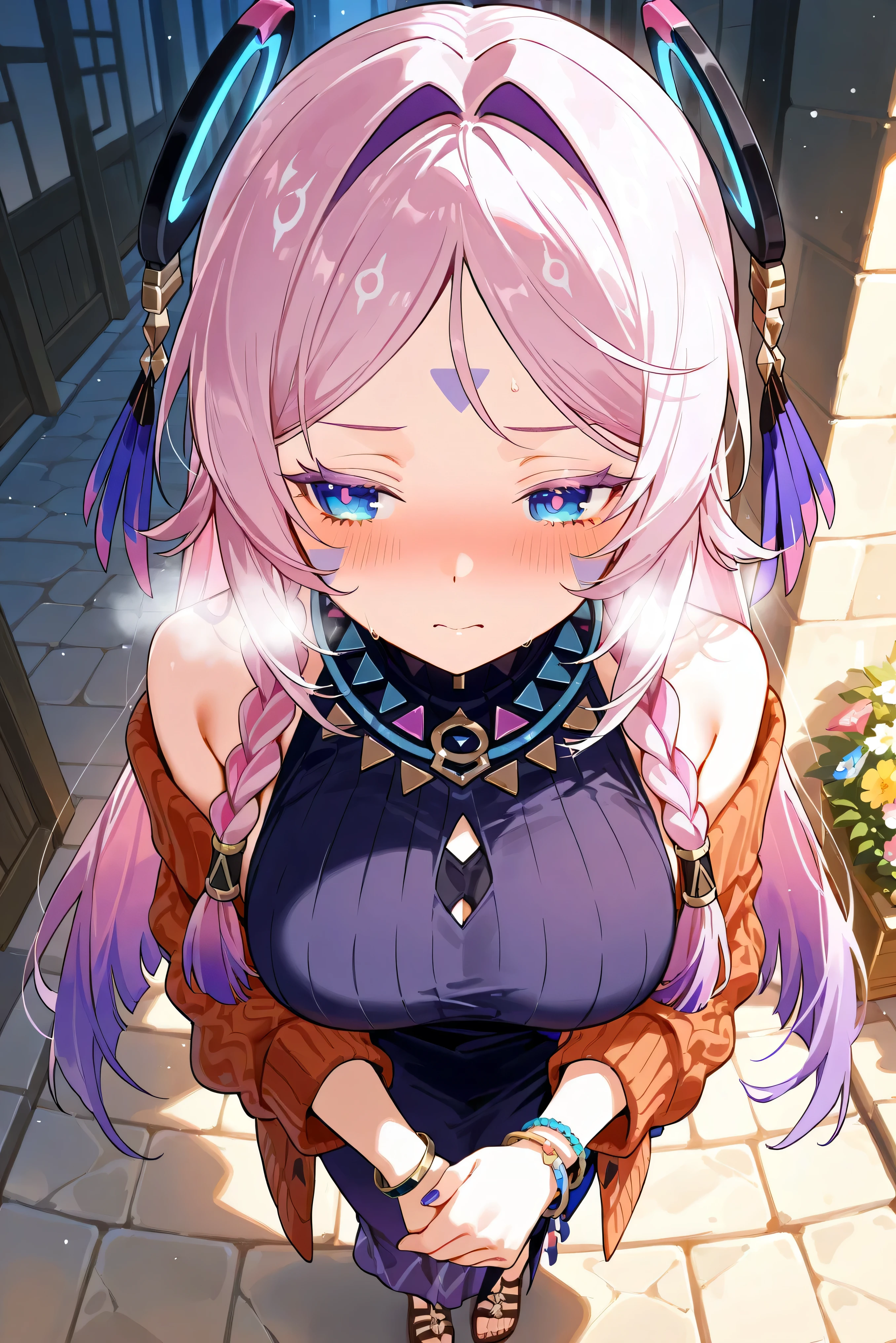 score_9, score_8_up, score_7_up, masterpiece, best quality, very aesthetic, absurdres, tunning image, light particles, attractive image, 1girl, adult grown woman, citlali \(genshin impact\), pink hair, purple hair, multicolored hair, twin braids, hair intakes, blue eyes, forehead mark, lavender eyelashes, pink pupils, headgear, long hair, colored eyelashes, blush, heavy breathing, masterpiece,best quality,amazing quality, nails, 5 fingers, alternate costume, An anime character in a boho chic traveler outfit, wearing a flowing maxi dress with intricate ethnic patterns in warm earthy tones, a cozy knitted cardigan, and stylish leather sandals. They accessorize with beaded necklaces, woven bracelets, they stand on a cobblestone street in a charming, sunlit village surrounded by blooming flowers and rustic buildings