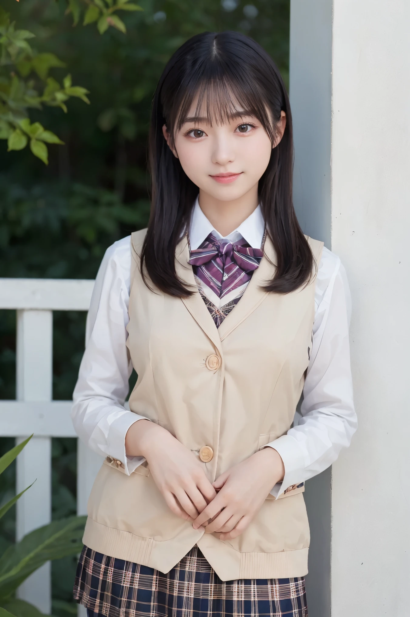 Top Quality, Focus on the Face , Soft light, ultra high resolution, ( photorealistic :1.4), RAW PHOTO LOOP , 1 Japanese Girl , alone, cute, ( embarrassing smile:0.5), ( brown eyes, Light in your eyes), detailed and beautiful face, ( small breasts), ( Realistic human skin texture with high resolution), ( short bob), break, , navy blue sailor suit , vest, skirt