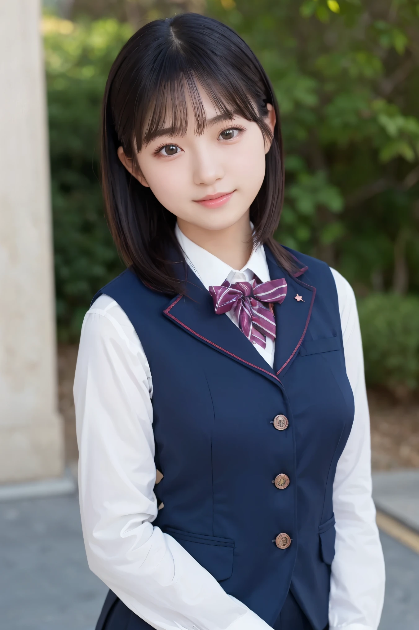 Top Quality, Focus on the Face , Soft light, ultra high resolution, ( photorealistic :1.4), RAW PHOTO LOOP , 1 Japanese Girl , alone, cute, ( embarrassing smile:0.5), ( brown eyes, Light in your eyes), detailed and beautiful face, ( small breasts), ( Realistic human skin texture with high resolution), ( short bob), break, , navy blue sailor suit , vest, skirt