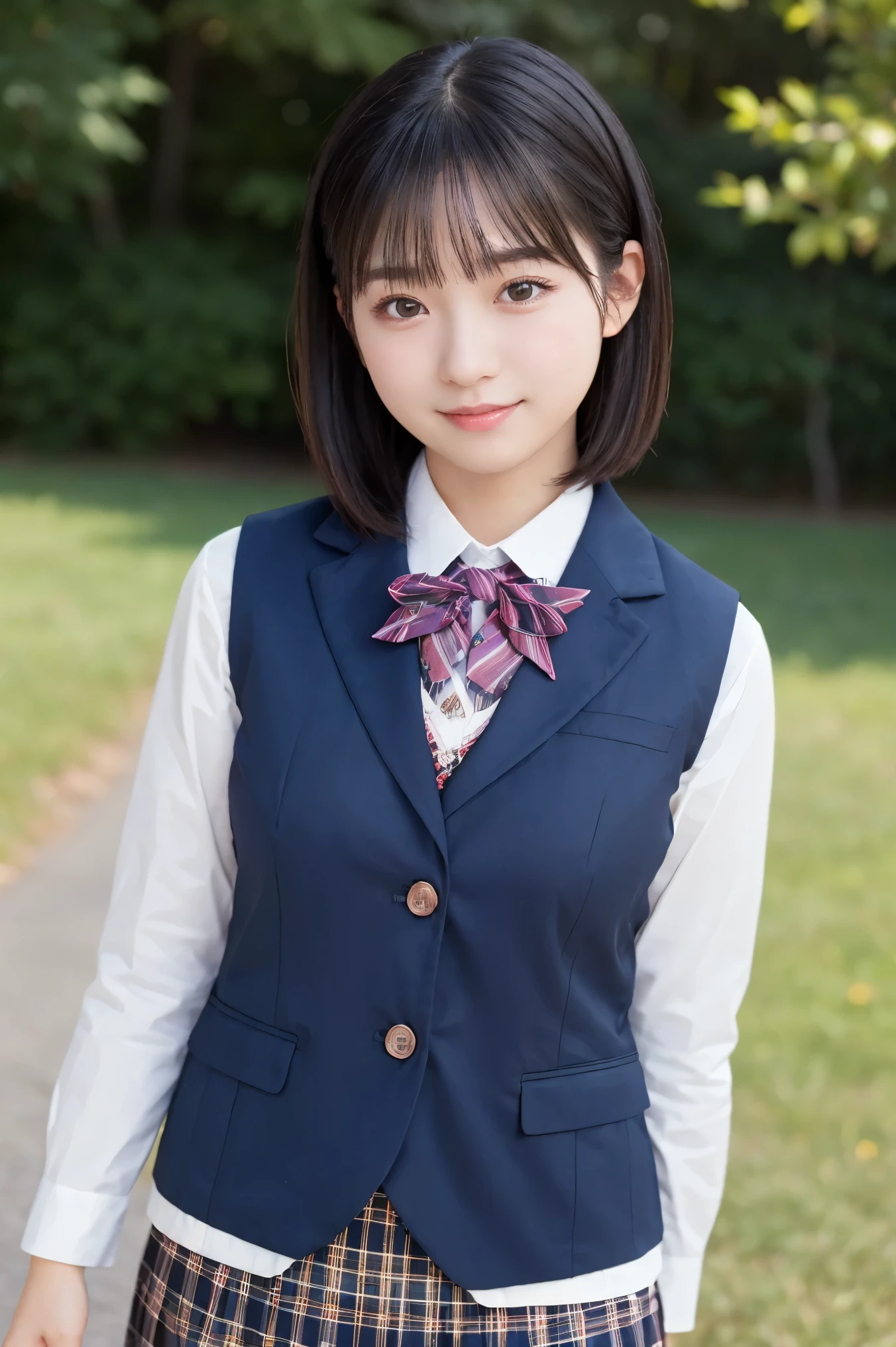 Top Quality, Focus on the Face , Soft light, ultra high resolution, ( photorealistic :1.4), RAW PHOTO LOOP , 1 Japanese Girl , alone, cute, ( embarrassing smile:0.5), ( brown eyes, Light in your eyes), detailed and beautiful face, ( small breasts), ( Realistic human skin texture with high resolution), ( short bob), break, , navy blue sailor suit , vest, skirt