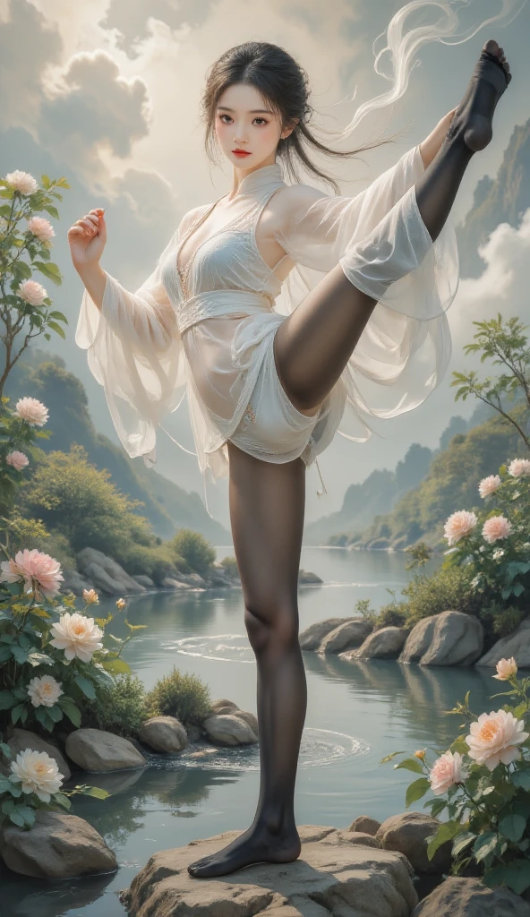 drooping eyes, sleepy face, (the secret behind the rock, feminine clothes, takeoff bottom), open legs, masturbation with stuff, (((dark pantyhose))), (showing off her pubic hair), closeup crotch, near the beach, sea, (((old oil painting, impressionism, eccentric pose))), angle from below,