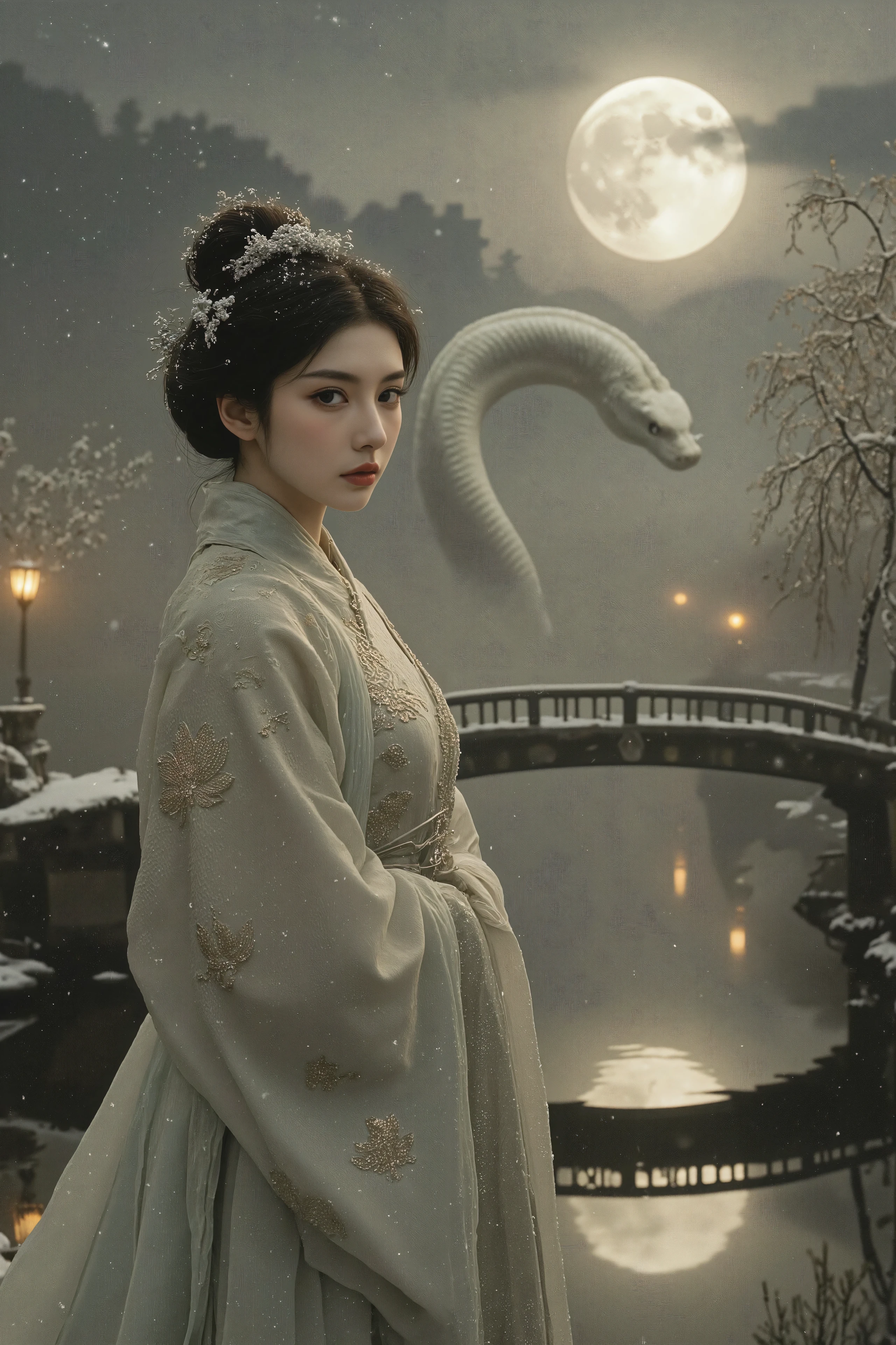 An award-winning 70s-style analog photograph of Bai Suzhen, the legendary White Snake, standing gracefully near the misty waters of **West Lake** during a serene, moonlit evening. She wears an elegant flowing hanfu in soft white and pale jade, embroidered with intricate golden lotus patterns. Snowflakes gently settle on her flowing hair, adorned with delicate silver hairpins shaped like serpents. Her expression is serene yet filled with quiet longing, her gaze reflecting centuries of love and sorrow.  

Behind her, a majestic white snake emerges from the mist, its luminous scales shimmering under the silver moonlight. The snake coils gracefully through the background, a silent guardian symbolizing Bai Suzhen’s true form. The lake’s still waters mirror both her ethereal figure and the celestial glow of the full moon, enhancing the dreamlike atmosphere.  

The setting is an ancient stone bridge covered in a light dusting of snow, surrounded by delicate willows swaying in the gentle breeze. Rising mist from the lake swirls around her, creating a mystical contrast between the cool night air and the warmth of distant lanterns. Soft god rays filter through the clouds, casting a golden glow over the tranquil scene.  

The photograph carries the distinct grainy texture of 70s analog film, blending nostalgic warmth with Bai Suzhen’s timeless beauty. The composition highlights her graceful form, the intricate details of her attire, and the divine presence of her white serpent form in the background.  