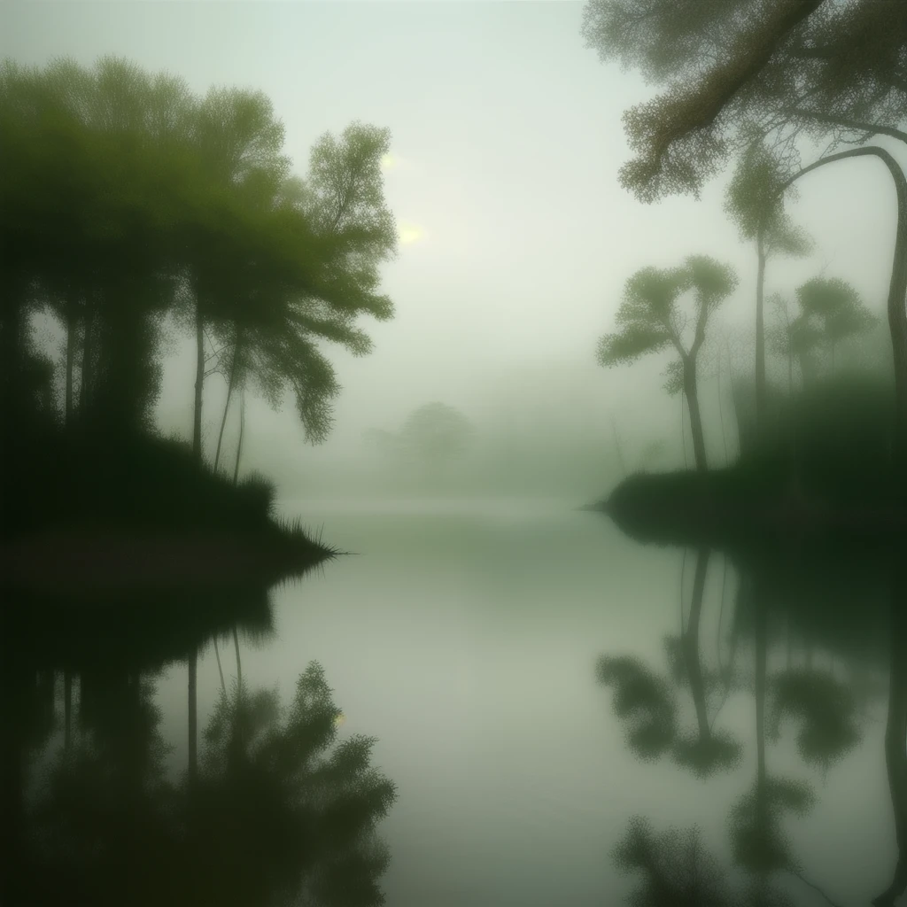 Trees are reflected in the water of a lake in the fog - SeaArt AI