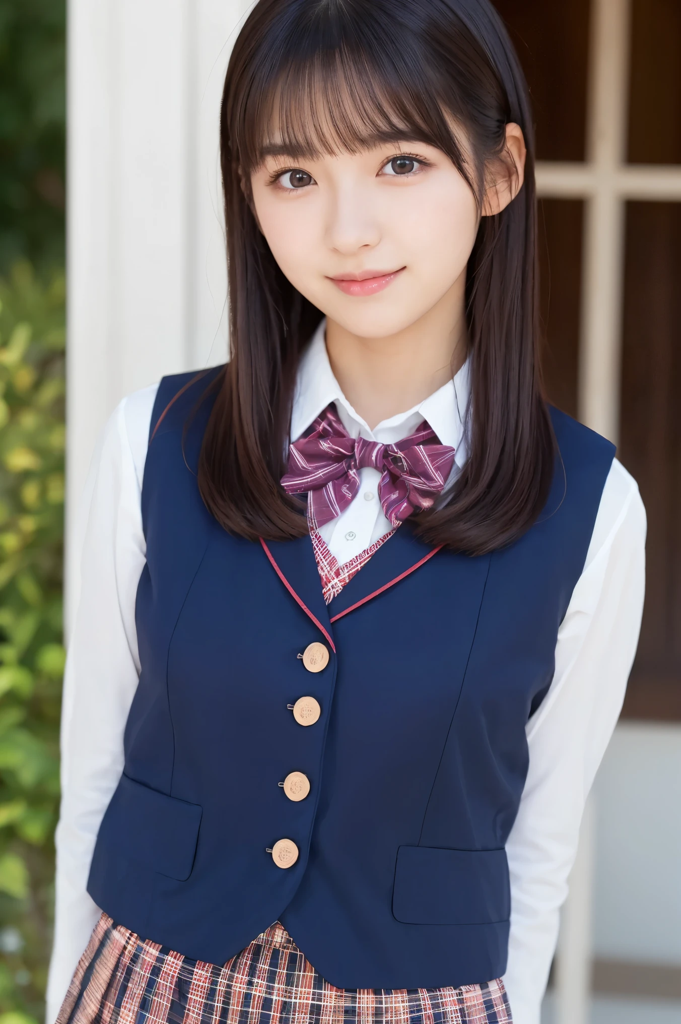 Top Quality, Focus on the Face , Soft light, ultra high resolution, ( photorealistic :1.4), RAW PHOTO LOOP , 1 Japanese Girl , alone, cute, ( embarrassing smile:0.5), ( brown eyes, Light in your eyes), detailed and beautiful face, ( small breasts), ( Realistic human skin texture with high resolution), ( short bob), break, , navy blue sailor suit , vest, skirt
