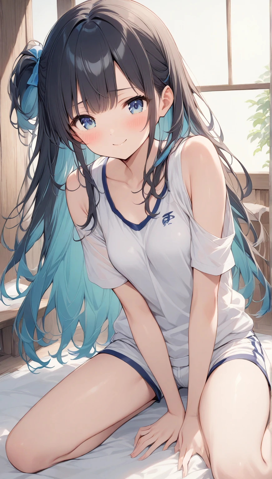 a matter of fact, daytime, sunlight, 1 girl, 8K resolution, blue hair, blue eyes, glowing eyes, white short skirt, Blush, tennis costume, sleeveless shirt, sunlight, Wet from the rain, seethrough, Sit with your knees raised., pussy, Spread your legs, smile, the skirt is lifted up, highest quality, High resolution, highly detailed face, perfect lighting, Very detailed CG, (perfect hands, perfect anatomy), mini yaemori, perfect figure, in love expression, bottomless, armpit,