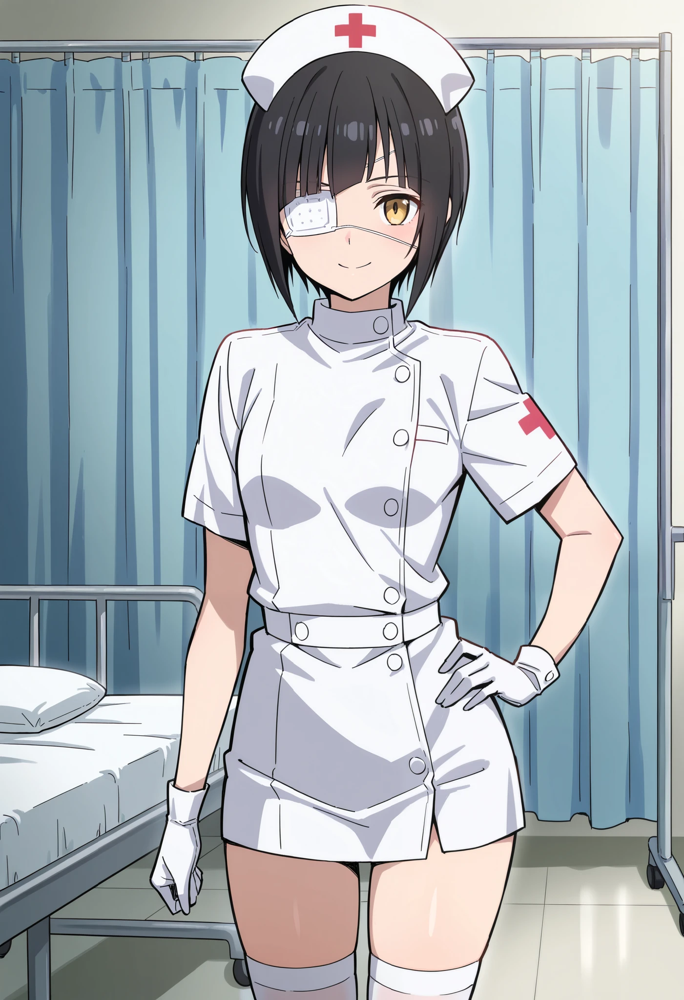 Score_9, score_8_up, score_7_up, source_anime, omoharu nakanaka, solo, short hair, black hair, yellow eyes, eyepatch, (best quality), (high quality), {masterpiece}, extremely delicate and beautiful, ultra-detailed, beautiful detailed eyes, nurse, nurse hat, ((white nurse's outfit)), white gloves, white legwear, zettai ryouiki, hospital room, smile, closed mouth, standing