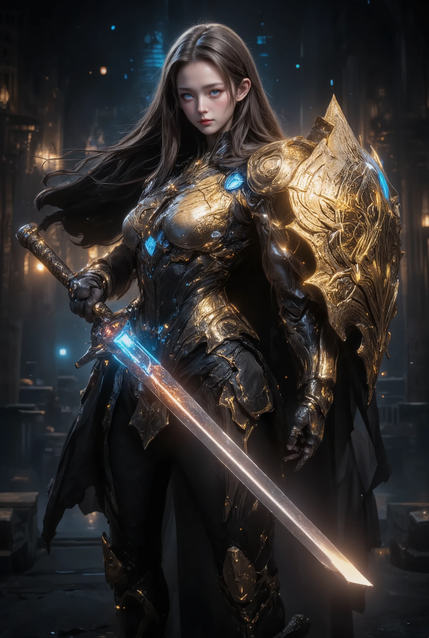 An awe-inspiring paladin wearing golden armor, wielding a sword imbued with radiant light, and holding a golden giant shield. The paladin’s blue eyes shine with determination as they navigate through the dark and mysterious cityscape. The glow of the paladin’s sword illuminates the surroundings, revealing intricate details and adding a cinematic touch to the composition. The overall aesthetic captures the beauty and depth of the scene, reminiscent of Fujifilm photography.smile