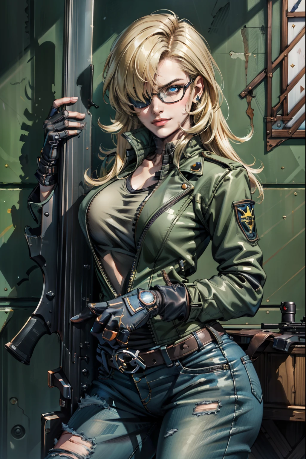 (extremely detailed CG unity 4k wallpaper),(masterpiece),(best quality),(ultra-detailed),(best illustration),(best shadow),(absurdres),(detailed background of a shooting range), mgssniperwolf, hair over one eye, blue eyes, Holding a sniper rifle, smirk, safety glasses, Hearing Protectors, Jeans, open leather jacket, fingerless gloves,