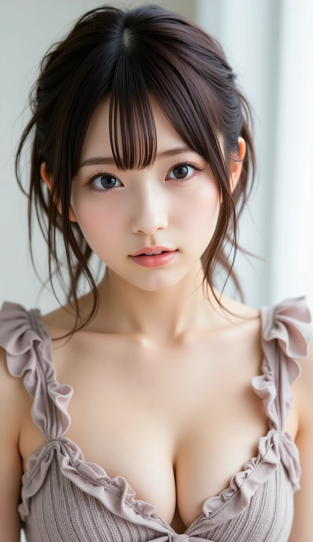 opened her mouth wide, (( Masterpiece, top quality:1.4)), (8k, RAW Photo :1.2), ( is present, photo is present:1.4), ultra high resolution, (High definition 8K wallpaper ), ((( :1.2, :1.2, Very younanese Idols, Japanese actress, Japanese, so cute, big eyes, detailed face and eyes , carefully drawn down to the details , Standing with beautiful eyes, slender body line, glowing skin, ( short hair、 two side up hairstyle without cleavage:1.2), (Naughty smile:1.3), winter, (Beautiful breasts:1.3, I can't see my cleavage :1.5, accentuated chest , A chest you'll want to touch), (fashionable knitted dress:1.2), small nice ass, thin thighs