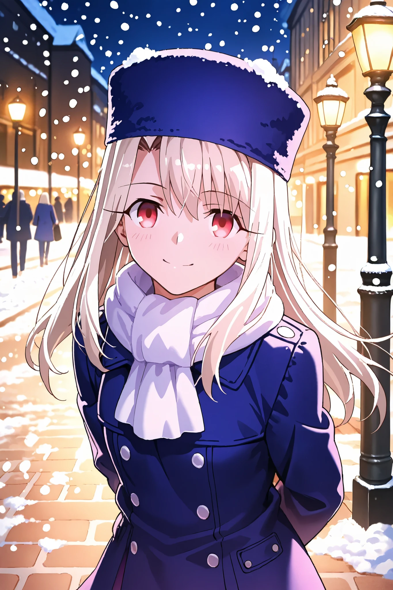 1girl, solo, Illyasviel von Einzbern, fate stay night, blue coats, blue hat, smile, walks at night in the park, hands behind his back, lamppost, It's winter, it's snowing, white scarf,