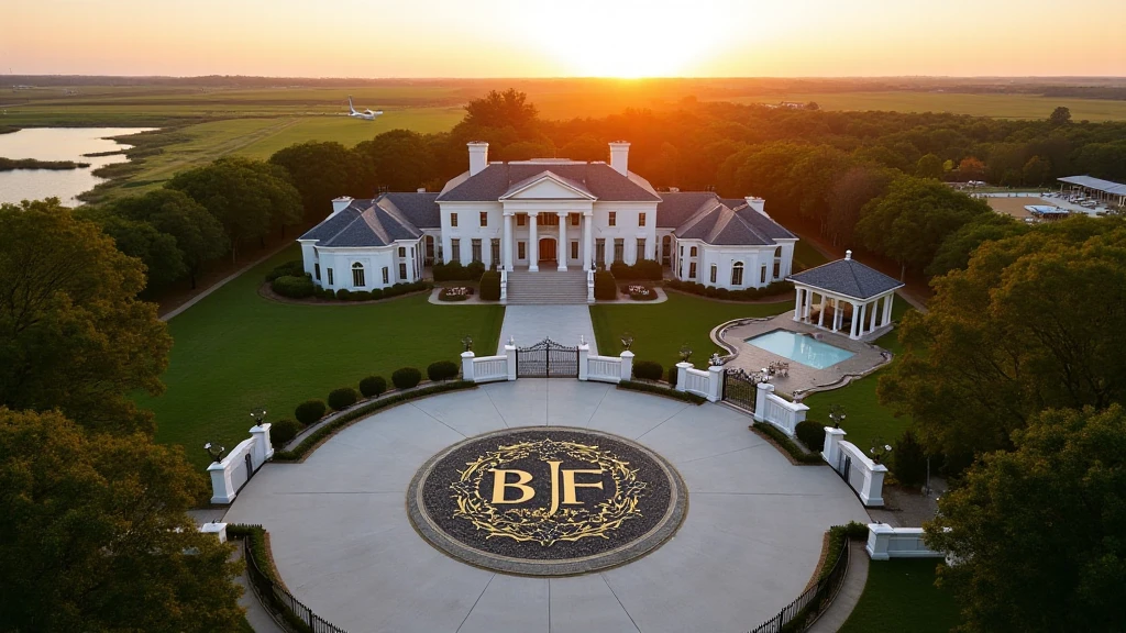 A breathtaking aerial view of a sprawling Texas estate belonging to a powerful Dallas oil tycoon. The neoclassical mansion stands as a symbol of wealth and prestige, featuring massive white columns, grand verandas, and an opulent double-staircase entrance. The estate is surrounded by manicured lawns, lush gardens, and towering oak trees, stretching over hundreds of acres. The expansive circular driveway is adorned with an intricate monogrammed design featuring the initials 'BJF,' inlaid in gold and black stone, serving as a bold statement of ownership and legacy. The gated entrance is crafted from ornate wrought iron, embossed with the family crest, leading to a winding, tree-lined boulevard. The mansion's grand facade is bathed in warm, golden sunset light, highlighting its majestic architecture and intricate detailing. Beyond the estate, rolling green pastures, a private airstrip for jets, and distant oil fields reinforce the tycoon’s immense fortune. The luxurious infinity pool and outdoor pavilion with crystal chandeliers hint at the lavish lifestyle within, while the serene private lake reflects the sky, adding to the estate’s grandeur.