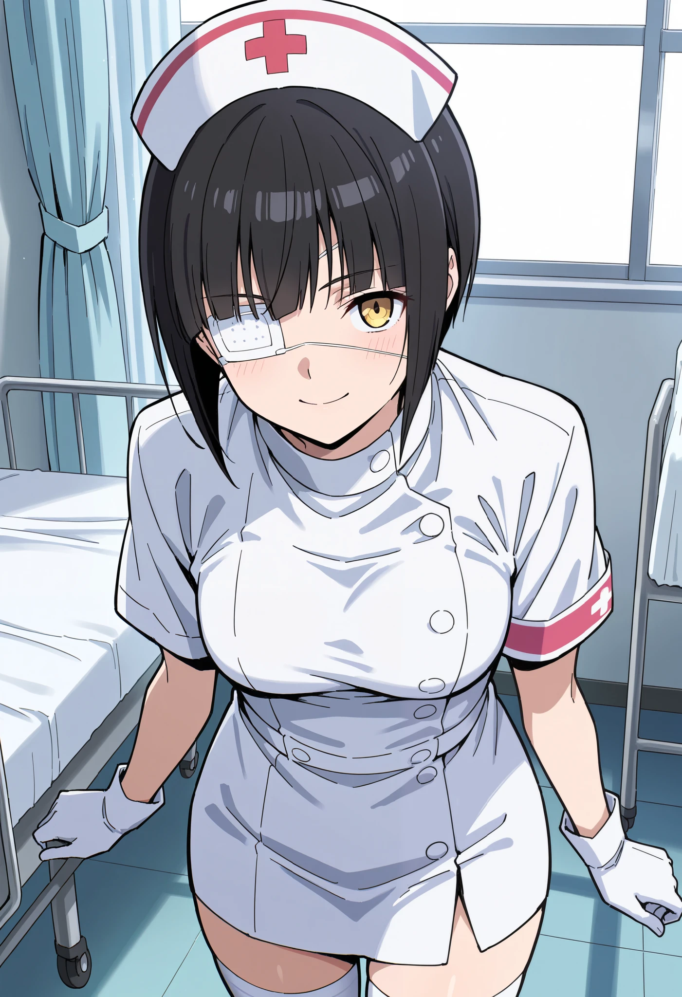Score_9, score_8_up, score_7_up, source_anime, omoharu nakanaka, solo, short hair, black hair, yellow eyes, eyepatch, (best quality), (high quality), {masterpiece}, extremely delicate and beautiful, ultra-detailed, beautiful detailed eyes, nurse, nurse hat, ((white nurse's outfit)), white gloves, white legwear, zettai ryouiki, hospital room, smile, closed mouth, standing