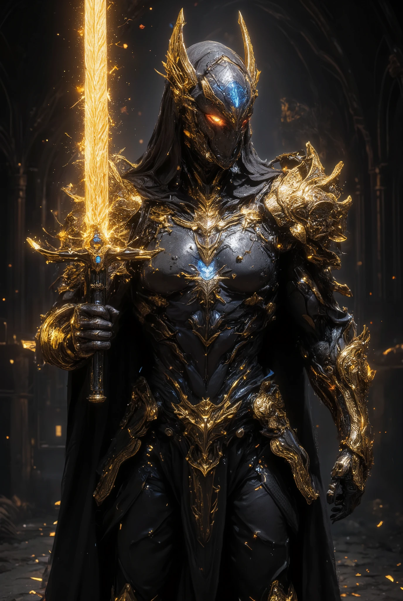 An awe-inspiring paladin wearing golden armor, wielding a sword imbued with radiant light, and holding a golden giant shield. The paladin’s blue eyes shine with determination as they navigate through the dark and mysterious cityscape. The glow of the paladin’s sword illuminates the surroundings, revealing intricate details and adding a cinematic touch to the composition. The overall aesthetic captures the beauty and depth of the scene, reminiscent of Fujifilm photography.smile