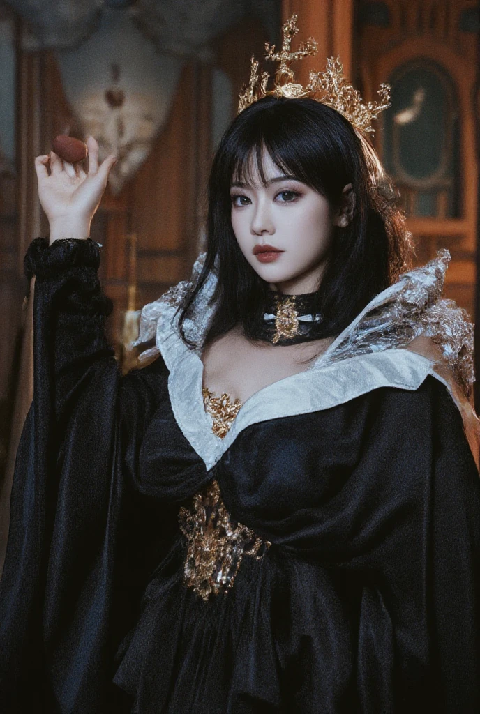 A majestic queen in a gorgeous dress。Fur Cape。A room in a Gothic palace。Watching the audience、((Fisheye Lens))