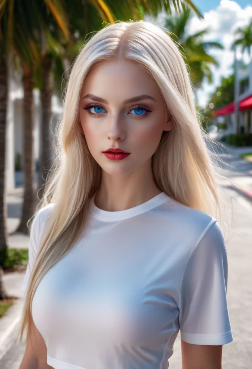 beautiful woman, very long white hair, green eyes, detailed eyes, Posing, red mini dress, magazine model, celebrity, 20 years old