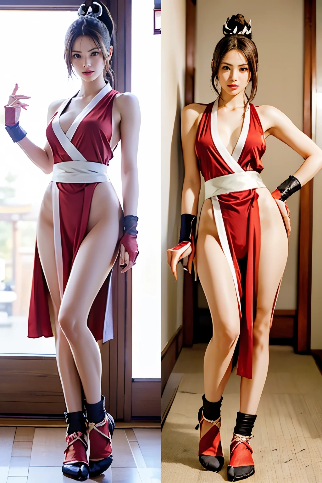 (mai shiranui:1.6), (tabi:2.0), (toe:1.2), (Full body portrait:2.0), Full body, (Realism), (masutepiece:2.0), (Best Quality), (ultra-detailliert:1.2), (8K, 4K, Convoluted), (Flat Lighting:1.2), (skinny), Prestige, Brown eyes, Long hair, brown eyes, long hair, brown hair, white ribbon, sleeveless, ponytail, sash, pelvic curtain, arm guards, gloves, tabi, fascinated expression, Sexy eyes, slim, medium breasts, Smile, Cute, view the viewer, Long hair, Close to Japan temple, (breasts focus:1.2), (Realistic:1.2), (Full Shot: 1.2), (85 mm), light Particle, Lighting, (Highly detailed:1.2), (Detailed face:1.2), (gradients), SFV, Colorful, (Detailed eyes:1.2), (Detailed temples of Japan: 1.2),(Detailed background), (Dynamic Angle:1.1), (Line of action:1.2), Wide Shot, Daylight, Solo.