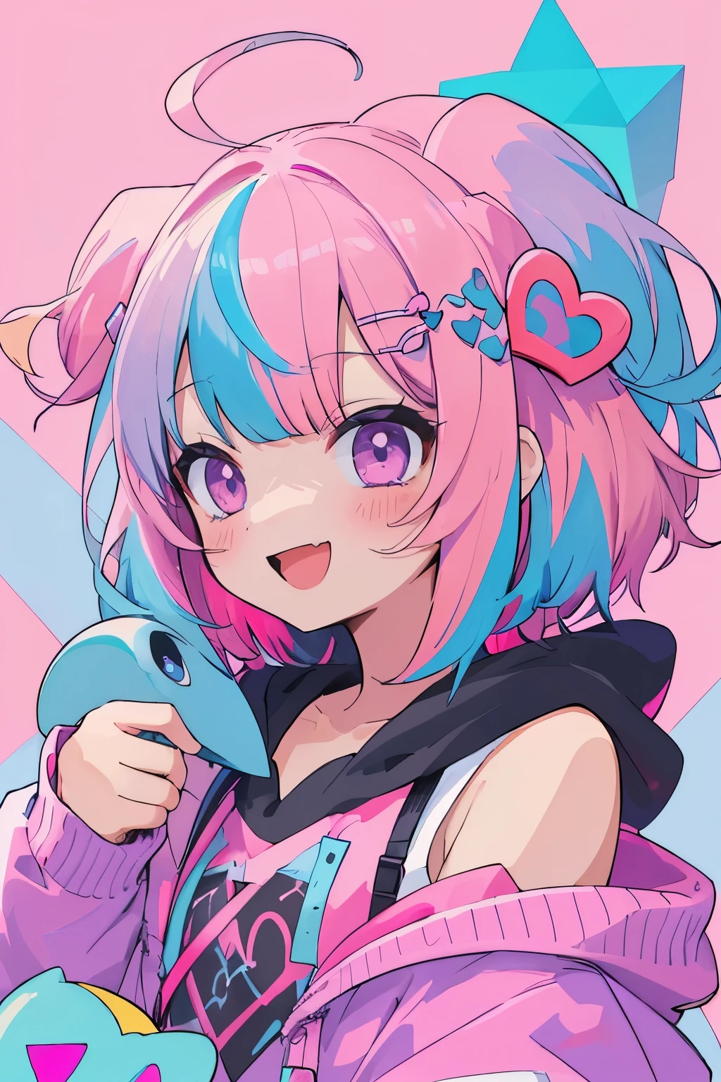 beautiful, high resolution, Masterpiece, high quality, very detailed, (shape:1.5) one girl, Young, alone, Heart Hair Ornament, heart, heart 目, multicolored hair , spike, upper body, ( light blue hair), black hoodie, Multi-channel, purple eyes , bangs, pink hair, medium hair, smile, open your mouth, ( flat chest)