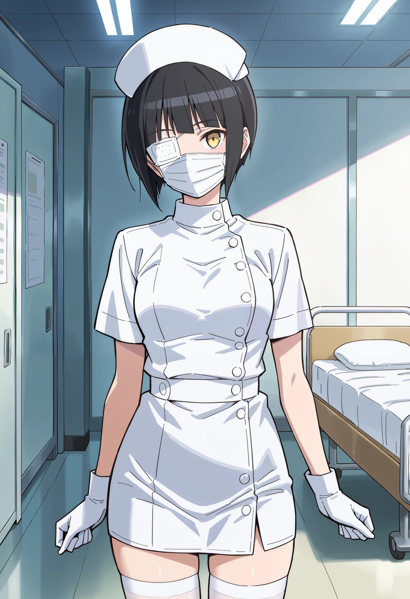Score_9, score_8_up, score_7_up, source_anime, omoharu nakanaka, solo, short hair, black hair, yellow eyes, eyepatch, (best quality), (high quality), {masterpiece}, extremely delicate and beautiful, ultra-detailed, beautiful detailed eyes, nurse, nurse hat, ((white nurse's outfit)), white gloves, white legwear, zettai ryouiki, hospital room, ((white surgical mask, covered nose)), standing
