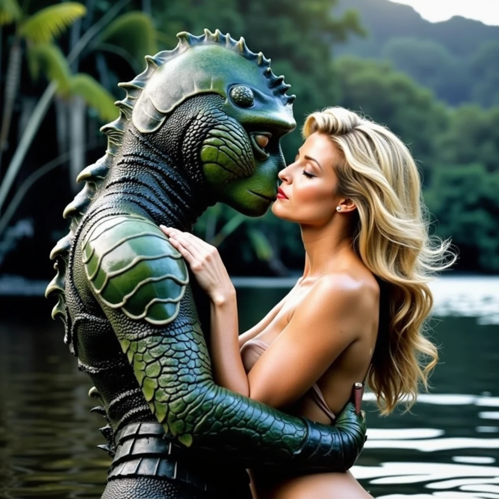 Creature from the black lagoon carries faint limp topless pink thong  horny aroused beautiful blonde teen girl in his arms embrace cuddling her  nsfw 