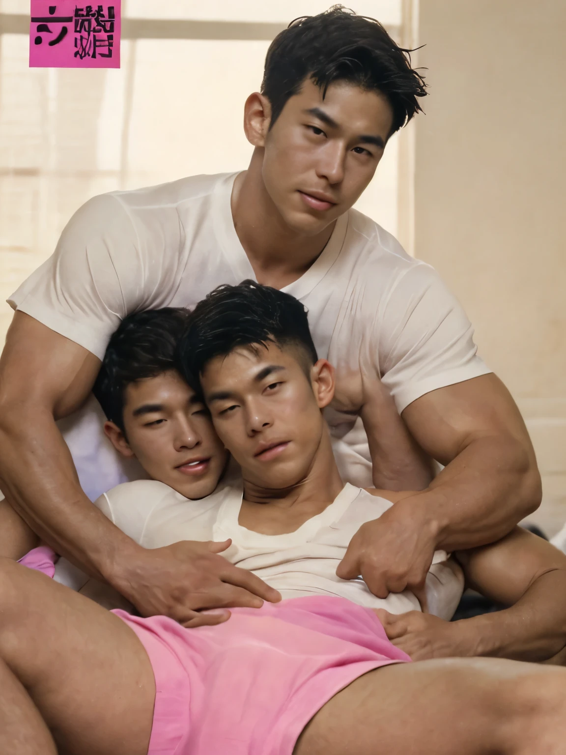 two men looking at camera、30 years old、male、Japanese、very handsome、full-naked、abs、Pectoral muscle、sit on the sofa、spread legs、open legs、raise your arms、phimosis