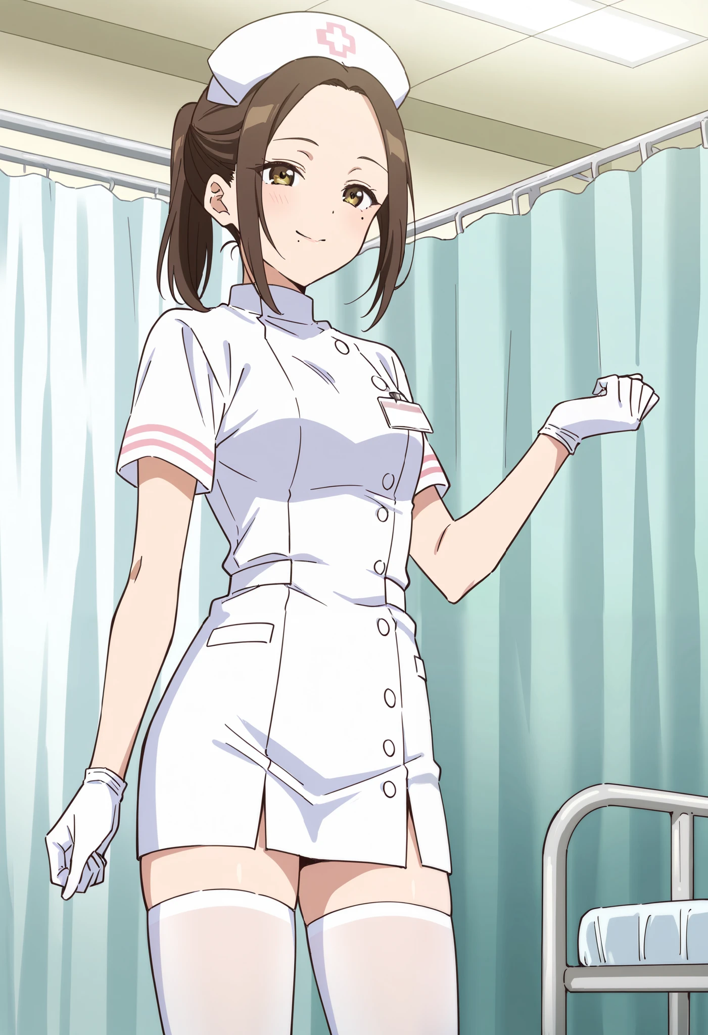 Score_9, score_8_up, score_7_up, source_anime, nene onemine, solo, forehead, brown hair, ponytail, mole, mole under eye, mole under mouth, (best quality), (high quality), {masterpiece}, extremely delicate and beautiful, ultra-detailed, beautiful detailed eyes, nurse, nurse hat, ((white nurse's outfit)), white gloves, white legwear, zettai ryouiki, hospital room, smile, closed mouth, standing