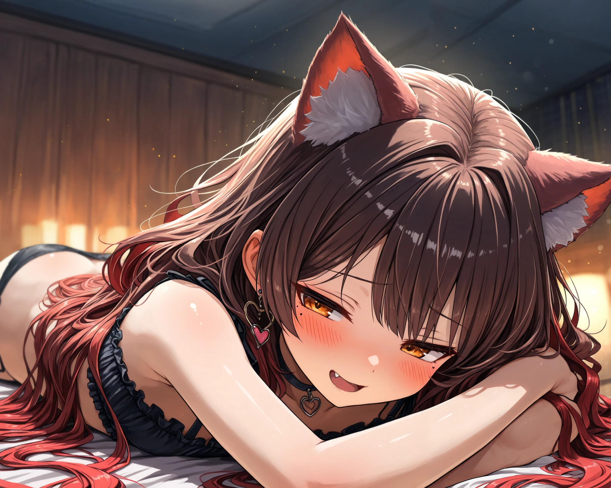 lying, lying on stomach, bottoms up, Horny expression, cat ears, ear fluffy, fang, very cute face, cute girl, solo, long hair, wavy hair, ((brown hair with red ends)), Mole under the left eye, half closed eyes, orange eyes, flat breasts, cat lingerie, cat cut out, heart Pierced earrings, blush, flawless smooth skin, particles, fractal, (best quality,4k,8k,highres,masterpiece:1.2),ultra-detailed,intricate details, high fashion, dramatic lighting, warm colors, chiaroscuro