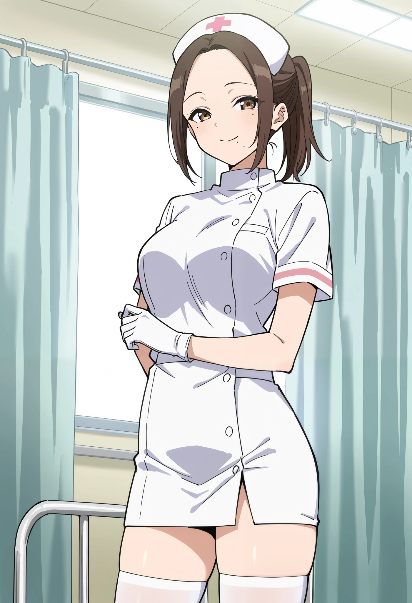 Score_9, score_8_up, score_7_up, source_anime, nene onemine, solo, forehead, brown hair, ponytail, mole, mole under eye, mole under mouth, (best quality), (high quality), {masterpiece}, extremely delicate and beautiful, ultra-detailed, beautiful detailed eyes, nurse, nurse hat, ((white nurse's outfit)), white gloves, white legwear, zettai ryouiki, hospital room, smile, closed mouth, standing
