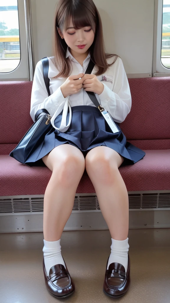 ((Highest quality)),  (detailed), 1 Japan, sexy、ass pov, school girl, in a train, sitting on a seat, (long seat:1.5), Beautiful Skin, Double eyelids, camel toe, navy pleated skirt, spread legs, (exposured panties:1.4), panty pull, blush, (smile:0.8), embarrassed, realistic