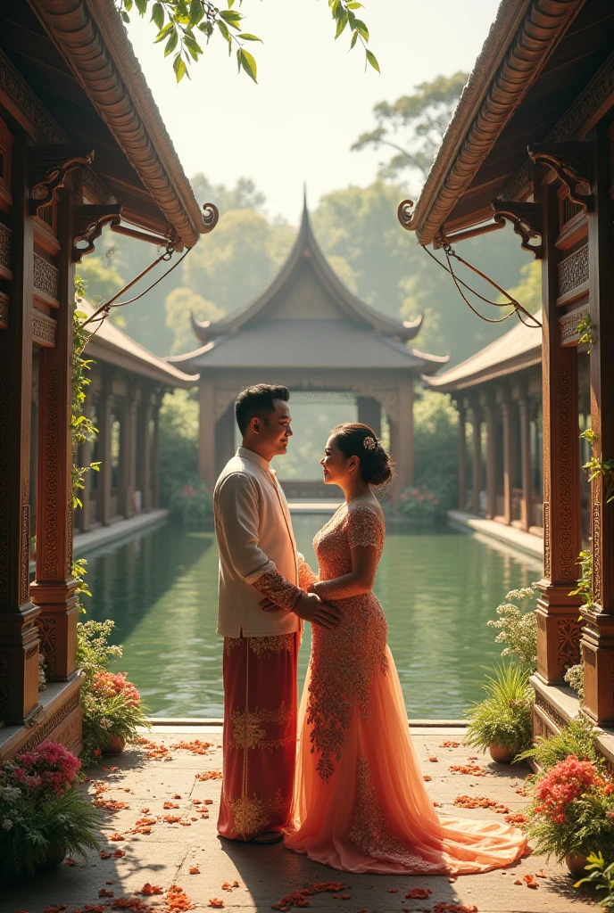 Foto prewedding di pura tradisional bali dengan pasangan mengenakan pakaian adat bali, wanita tidak terlalu tinggi dan badan sedikit berisi , laki-laki agak tinggi dan badan gemuk sedikit 
