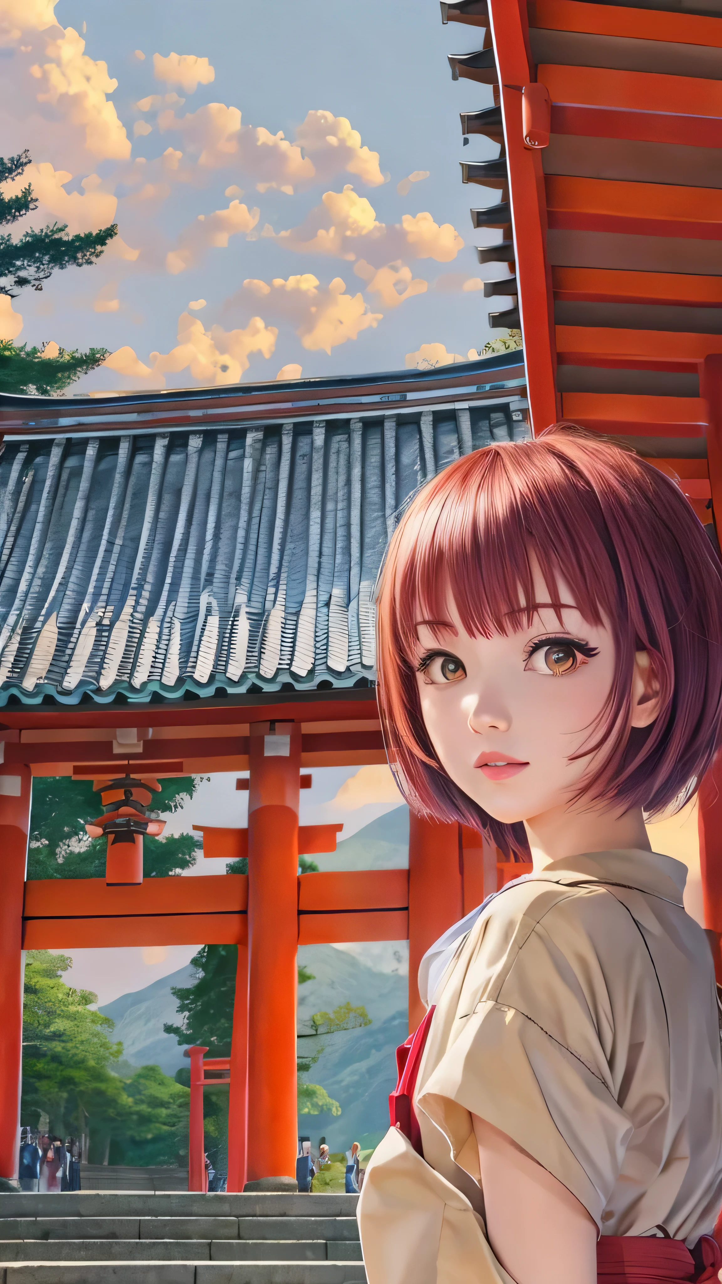 in high definition、paint_ style, Fushimi Inari Taisha in Kyoto、In front of the red torii gate 、 1 girl, Alone, watches viewers, short hair, bangs, maroon hair, Face Details , yellow eyes, Beautiful lips, lips, eyelashes, red shirt, denim、 portrait , Relaxed Atmosphere 。