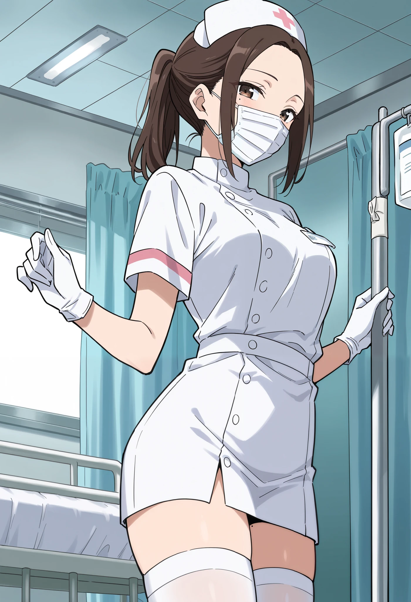 Score_9, score_8_up, score_7_up, source_anime, nene onemine, solo, forehead, brown hair, ponytail, mole, mole under eye, (best quality), (high quality), {masterpiece}, extremely delicate and beautiful, ultra-detailed, beautiful detailed eyes, nurse, nurse hat, ((white nurse's outfit)), white gloves, white legwear, zettai ryouiki, hospital room, ((white surgical mask, covered nose)), standing