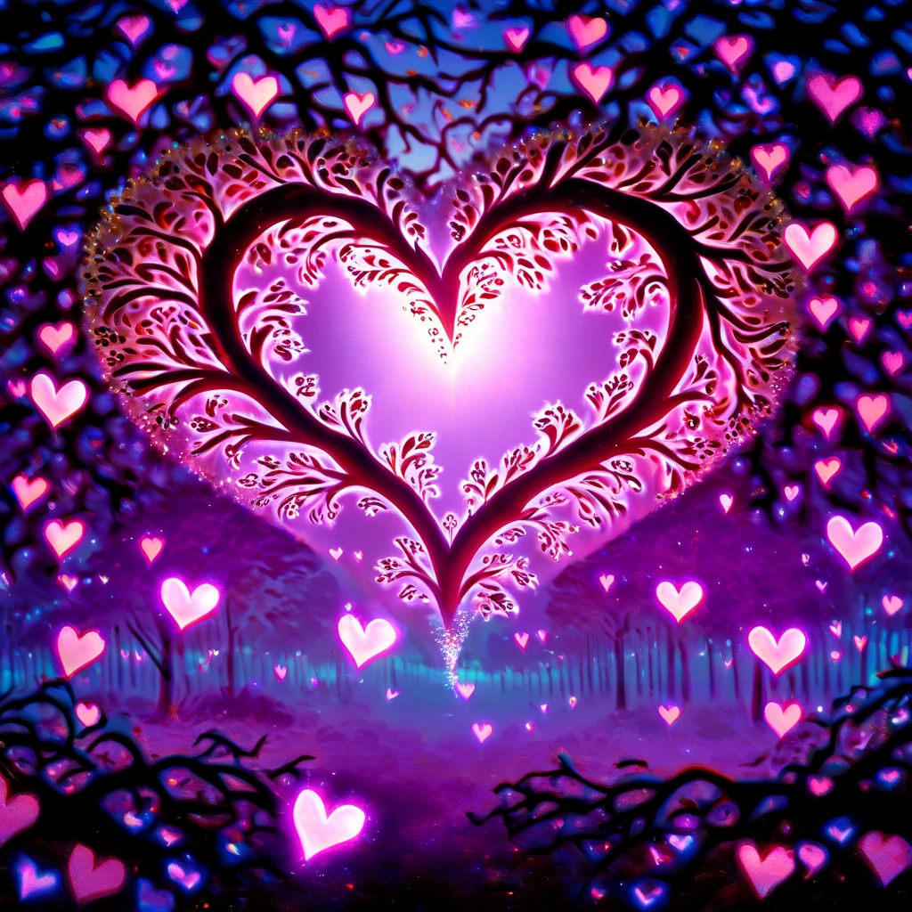 Hearts in the leaves, an illusion, it’s a heart in nature but hidden in the leaves, love divine, perfect composition, masterful design, glowing luminous purple hearts, magic, love, sparkles, love hearts, interesting imbalance, abstract