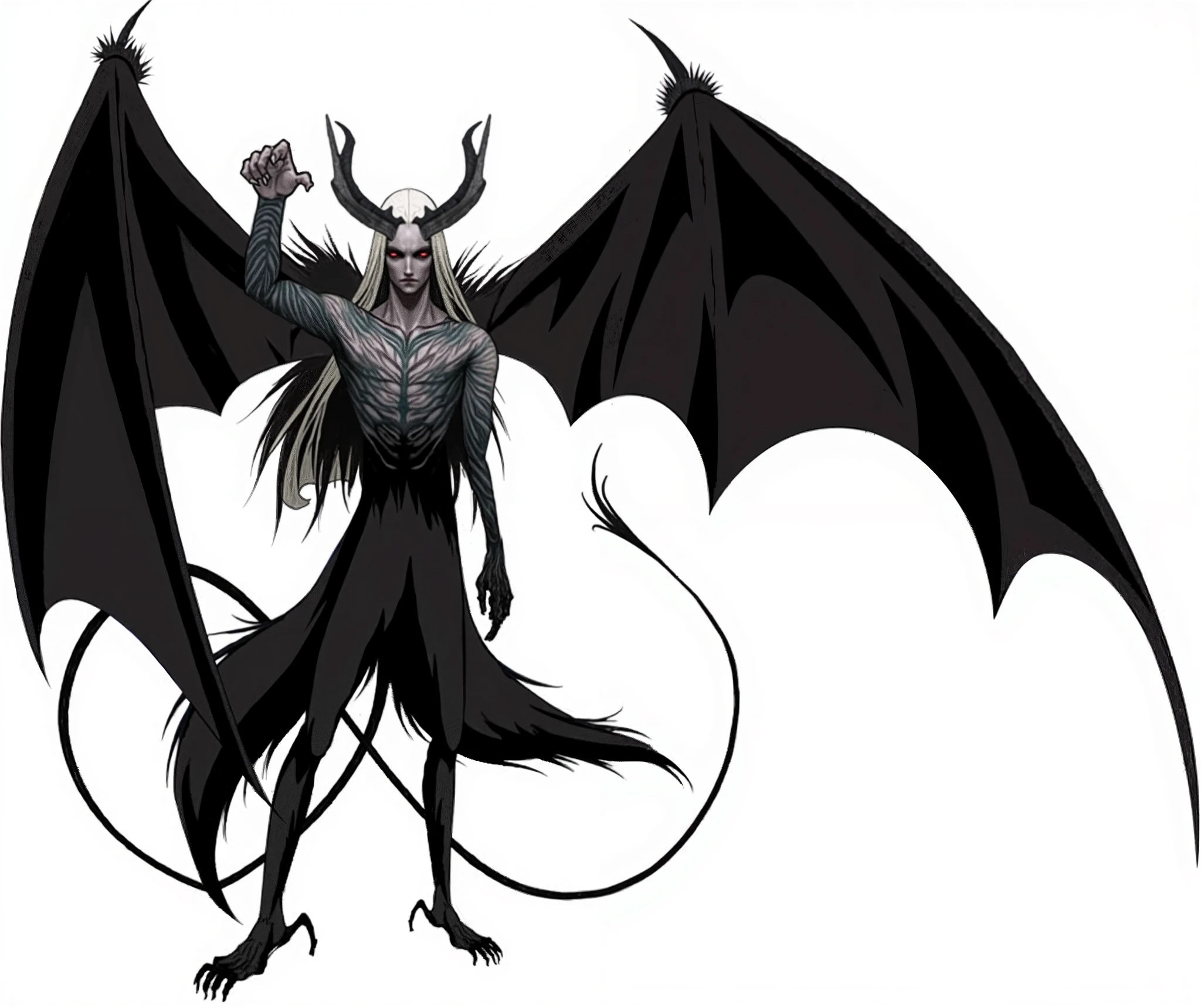 Chimera man with hair that resembles a mane, with three eyes on the left side of the face, dragon wings and with fox tail, evil, young look