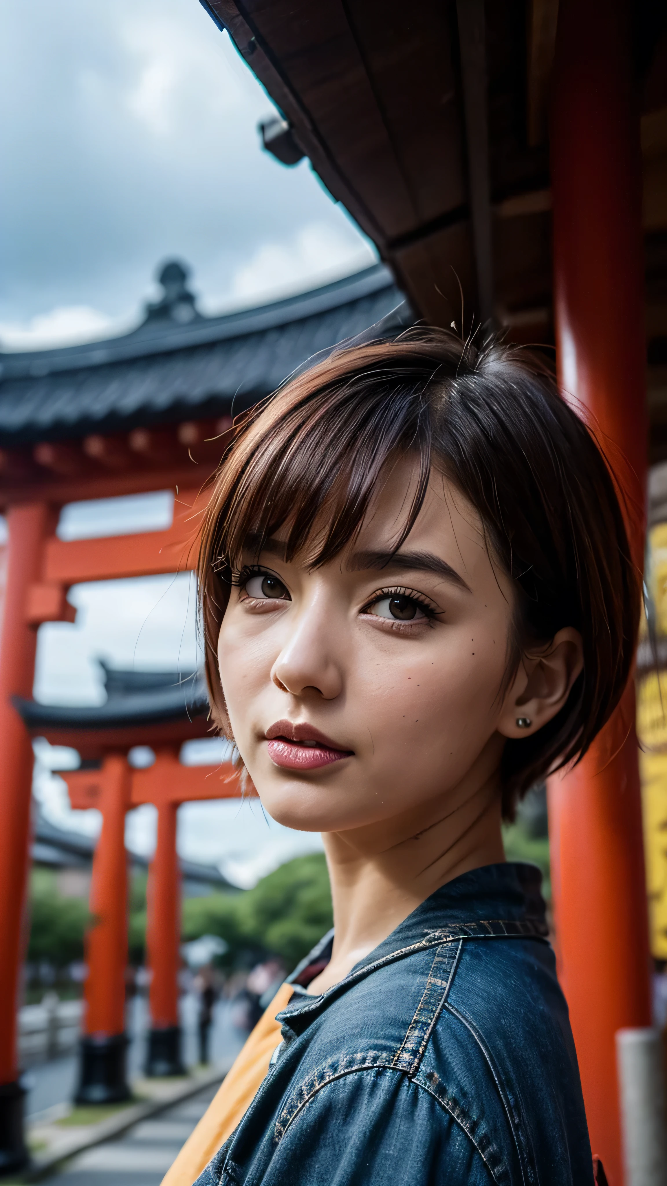 in high definition、paint_ style, Fushimi Inari Taisha in Kyoto、In front of the red torii gate 、 1 girl, Alone, watches viewers, short hair, bangs, maroon hair, Face Details , yellow eyes, Beautiful lips, lips, eyelashes, orange shirt, denim、 portrait , Relaxed Atmosphere 。