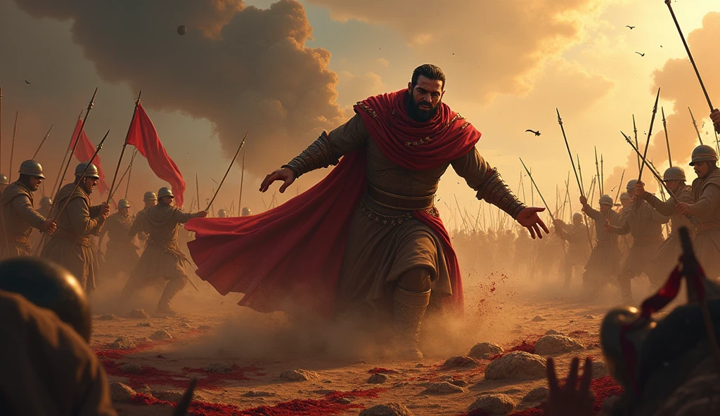 "A dramatic scene from the Mahabharata, depicting the aftermath of the Kurukshetra War. The battlefield is littered with fallen warriors, and the atmosphere is heavy with smoke and sorrow. In the foreground, Shakuni, the mastermind behind the war, stands with a conflicted expression, his face showing a mix of triumph and despair. The ruins of the Kuru dynasty are symbolized by broken weapons and torn flags scattered around him. In the background, the sun sets, casting a red and orange glow, symbolizing the end of an era. The overall tone of the image is dark and somber, reflecting the consequences of Shakuni's actions in comic style