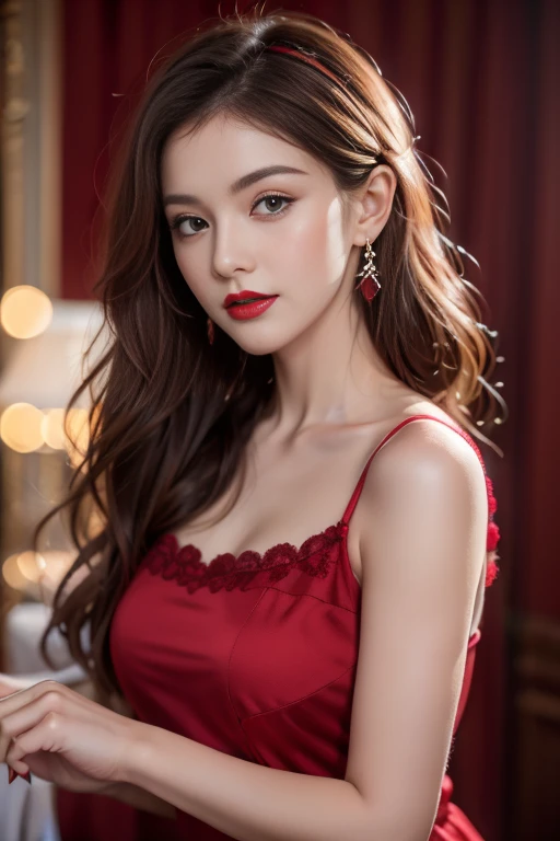 (close up of a beautiful 28 year old girl in a red vintage dress), movie stock photos, camera f1. 6, saturated colors, Vibrant, lifelike textures, Impressive classic lighting, Modern style, sexy full body photo, Evening, Curly hair has just been dyed light blonde