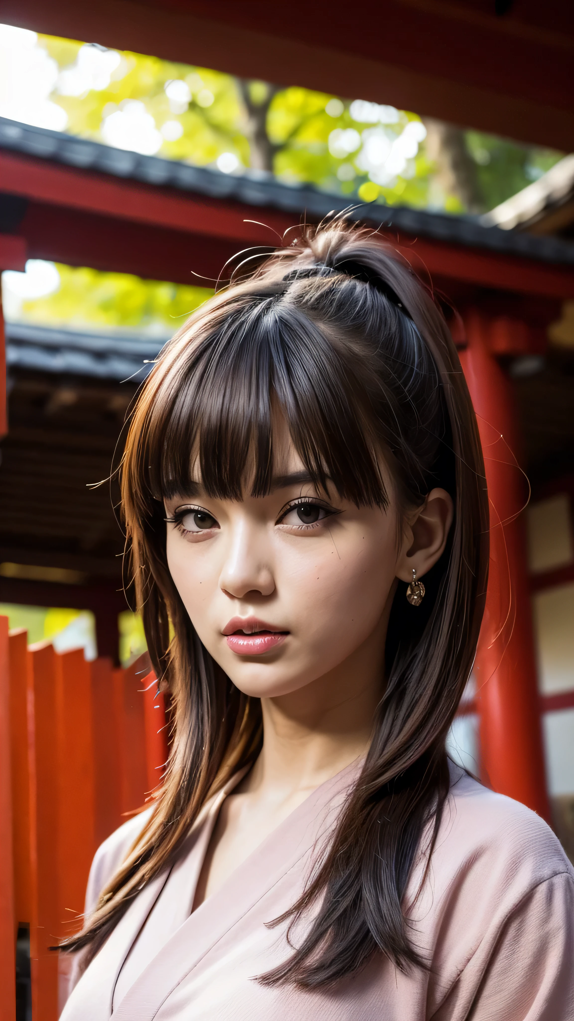 in high definition、paint_ style, Fushimi Inari Taisha in Kyoto、In front of the red torii gate 、 1 girl, Alone, watches viewers, short hair, bangs, maroon hair, Face Details , yellow eyes, Beautiful lips, lips, eyelashes, pink shirt, denim、 portrait , Relaxed Atmosphere 。