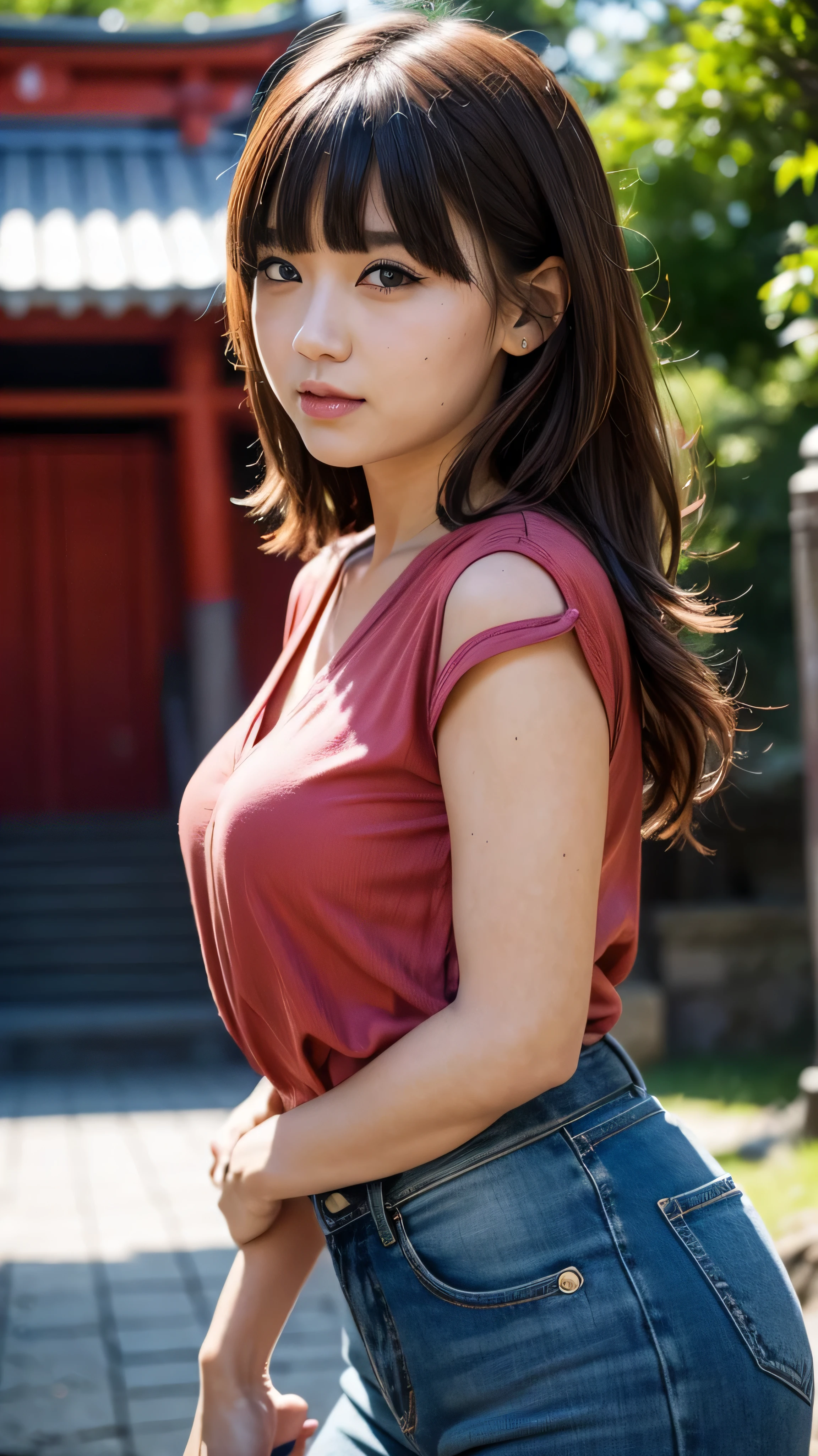 in high definition、paint_ style, Fushimi Inari Taisha in Kyoto、In front of the red torii gate 、 1 girl, Alone, watches viewers, short hair, bangs, maroon hair, Face Details , yellow eyes, Beautiful lips, lips, eyelashes, pink shirt, denim、 portrait , Relaxed Atmosphere 。