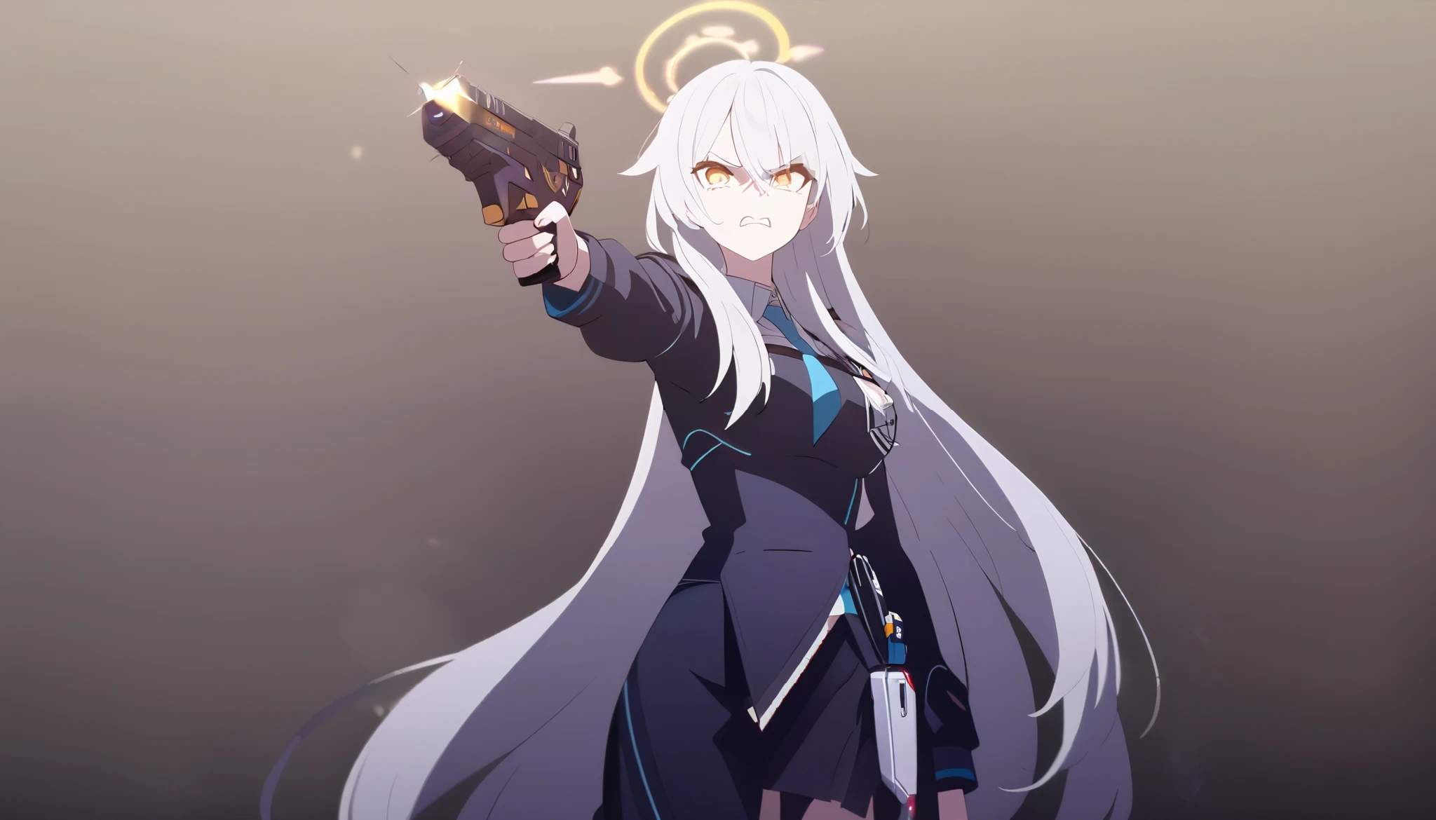 masterpiece, high quality, 1girl, solo, long hair, silver hair, yellow eyes, orange halo, medium breast, black uniform, blue tie, standing, looking at viewer, angry, directing a taser, ominous purple aura, black background only